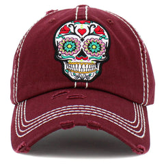 Day of the Dead Floral Sugar Skull Vintage Maroon Adjustable Women's Baseball Hat