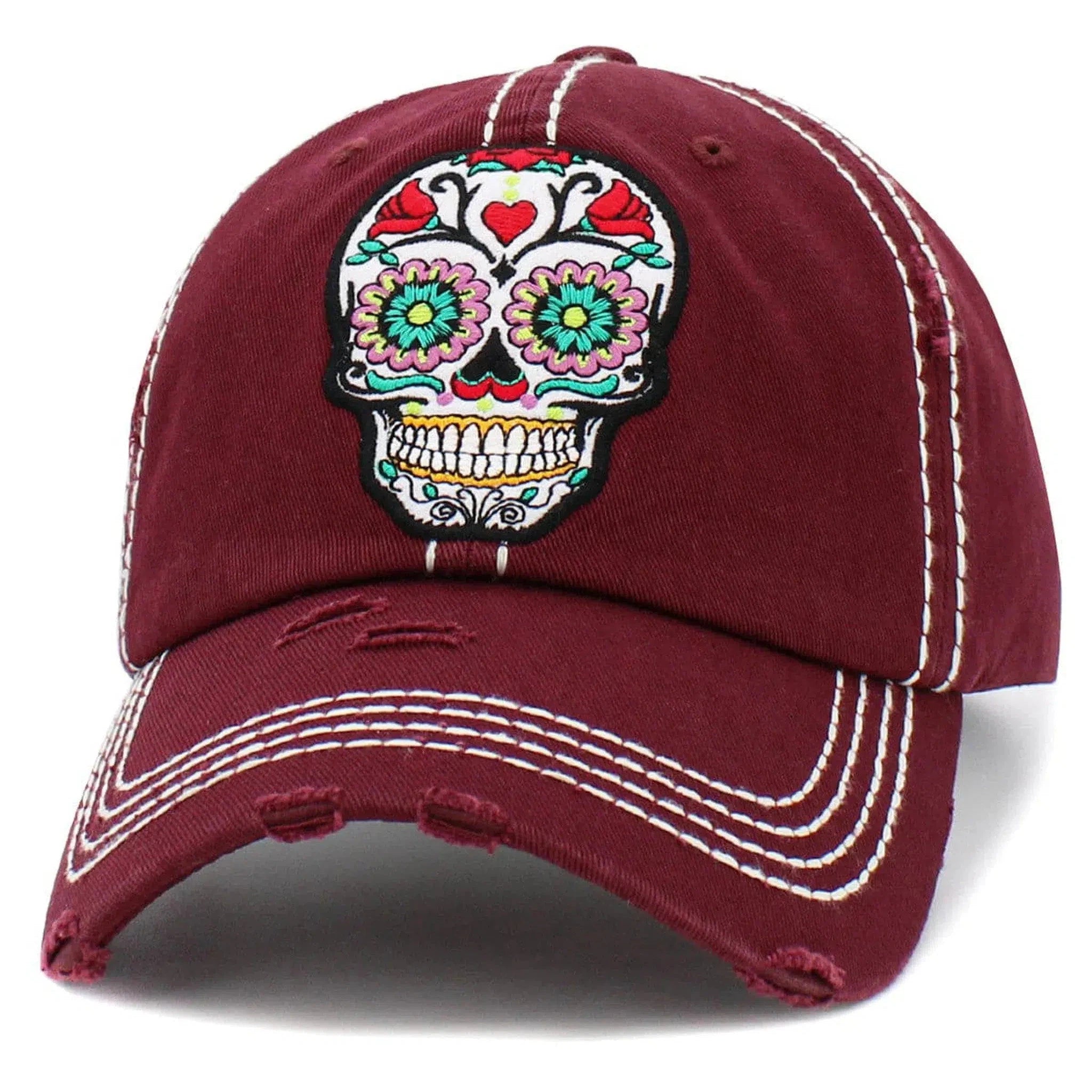 Day of the Dead Floral Sugar Skull Vintage Maroon Adjustable Women's Baseball Hat