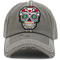 Day of the Dead Floral Sugar Skull Vintage Moss Green Adjustable Women's Baseball Hat