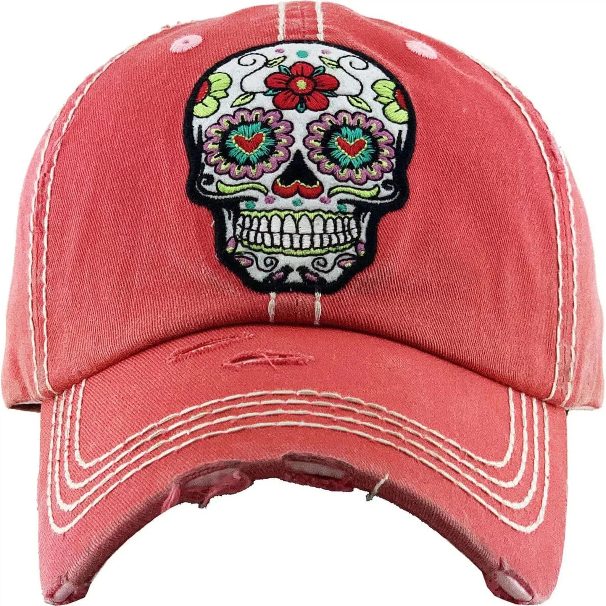 Day of the Dead Floral Sugar Skull Vintage Pink Adjustable Women's Baseball Hat