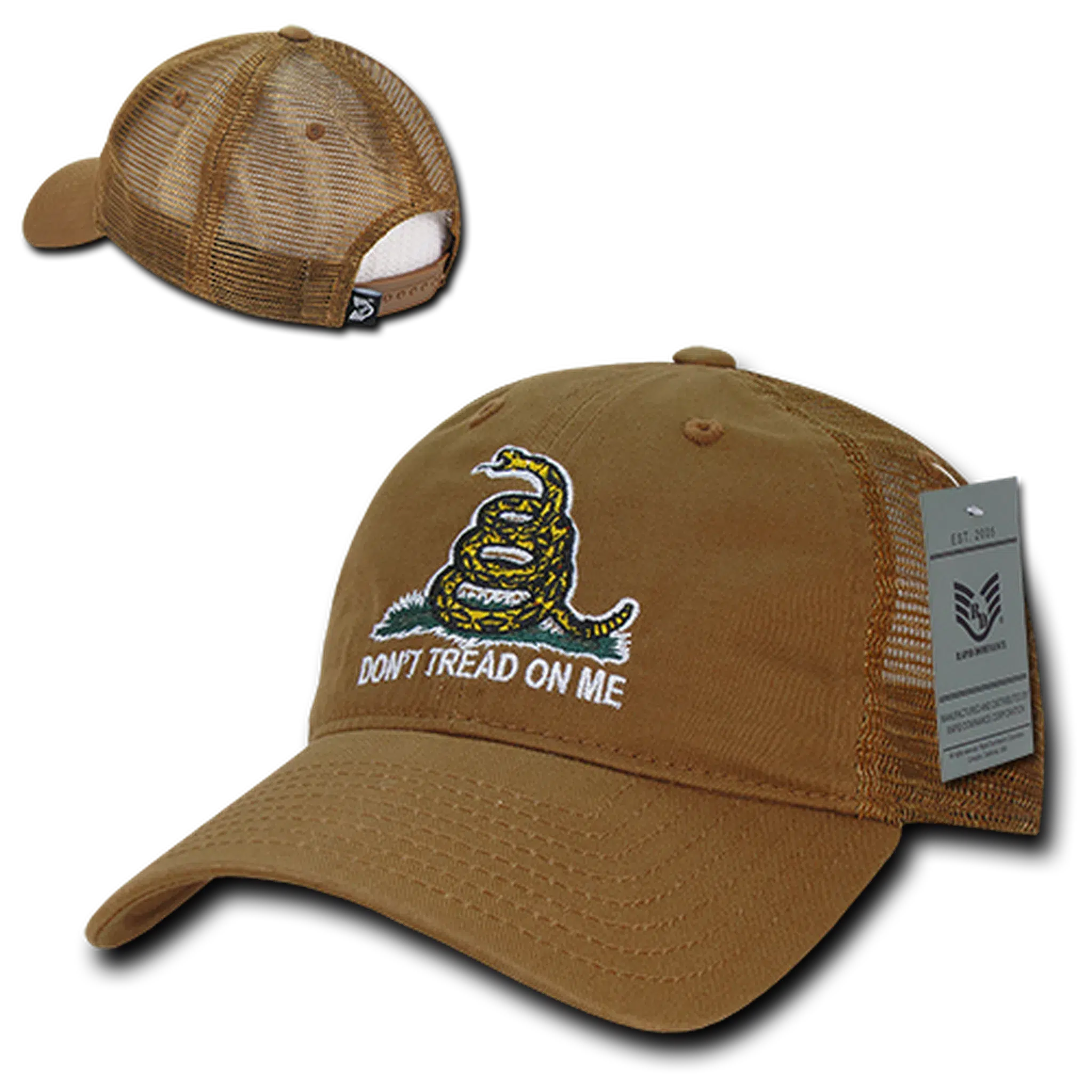 Don't Tread on Me Gadsden Flag Coyote Brown Relaxed Fit Trucker Hat Mesh Back Cap