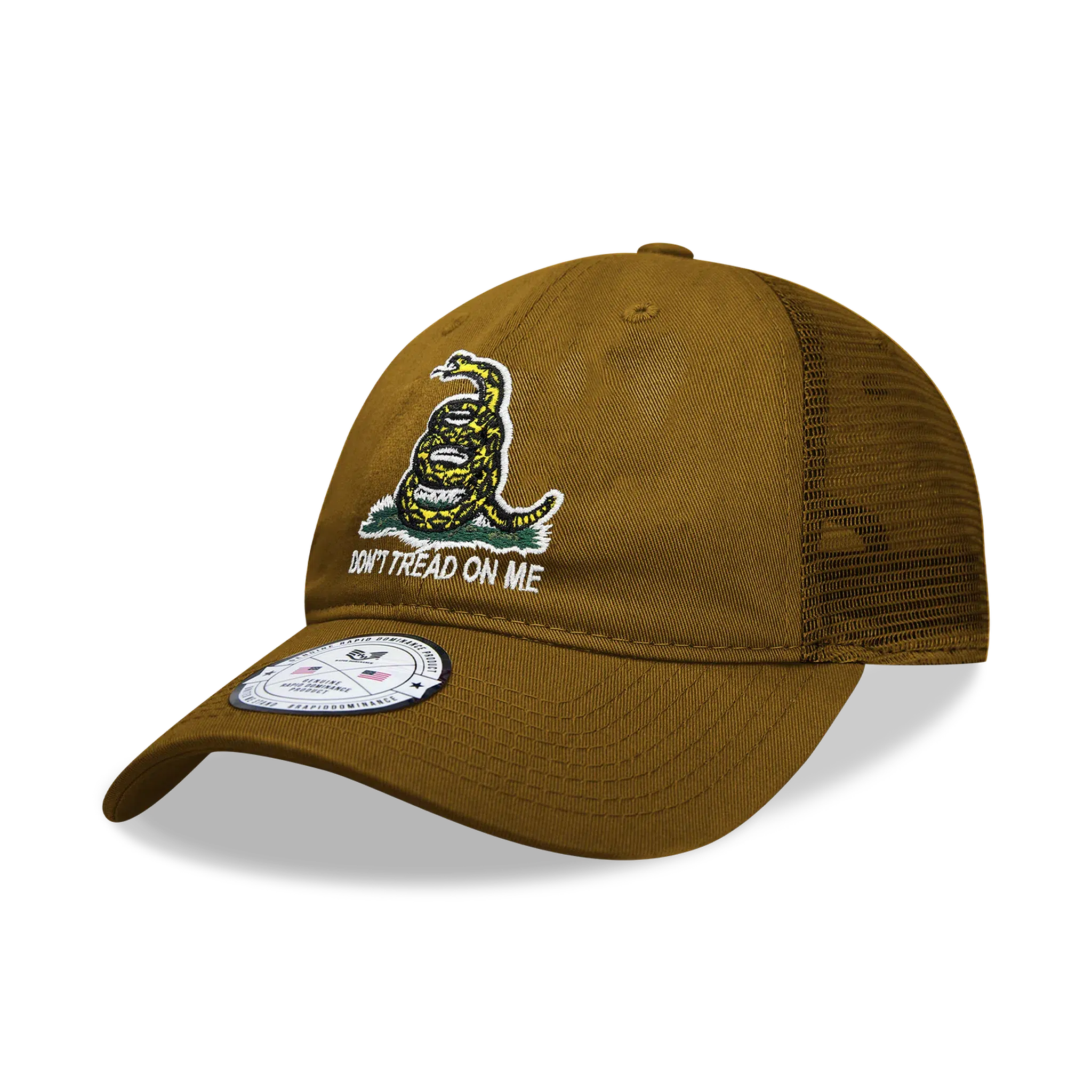 Don't Tread on Me Gadsden Flag Coyote Brown Relaxed Fit Trucker Hat Mesh Back Cap