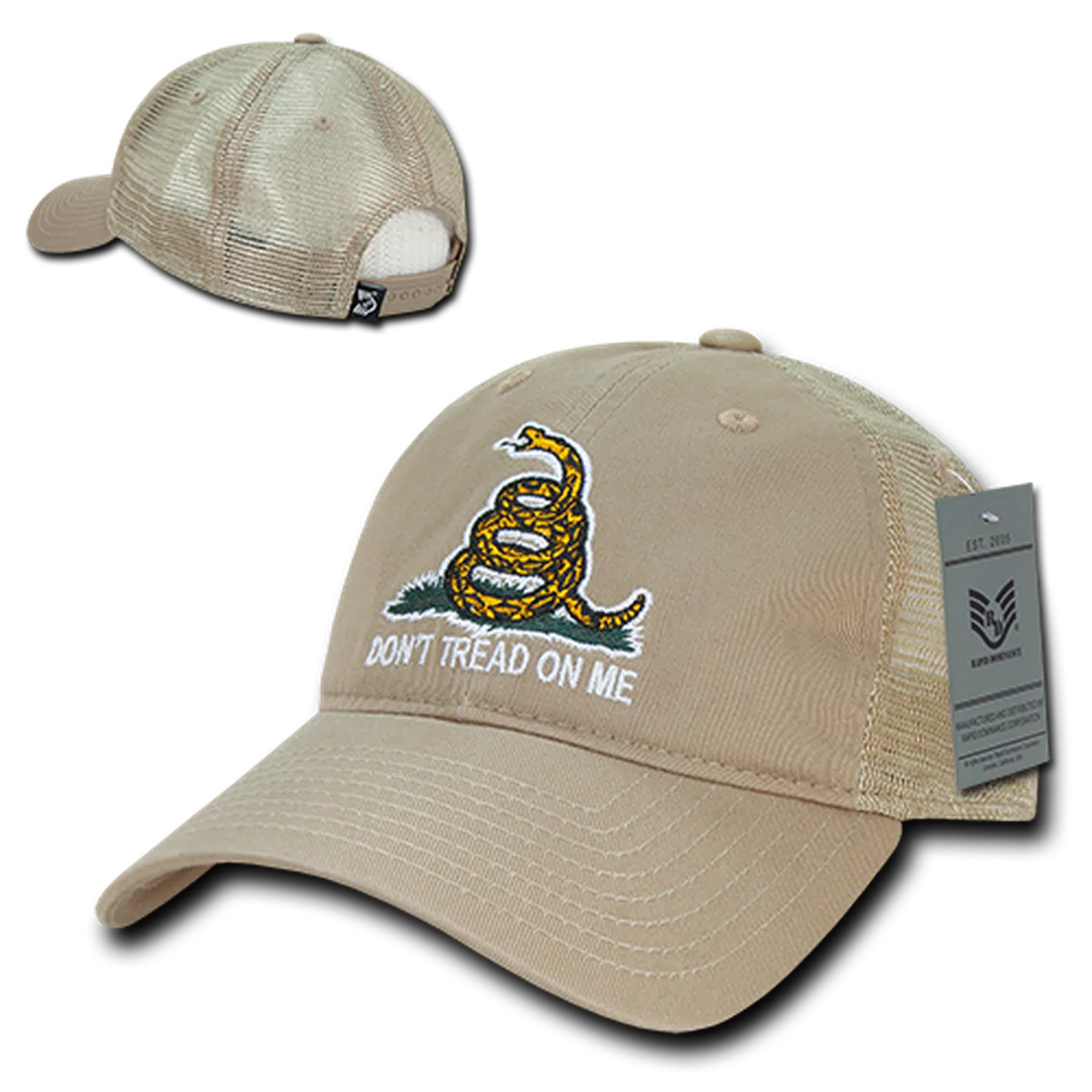 Don't Tread on Me Gadsden Flag Khaki Tan Relaxed Fit Trucker Hat Mesh Back Cap