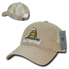 Don't Tread on Me Gadsden Flag Khaki Tan Relaxed Fit Trucker Hat Mesh Back Cap