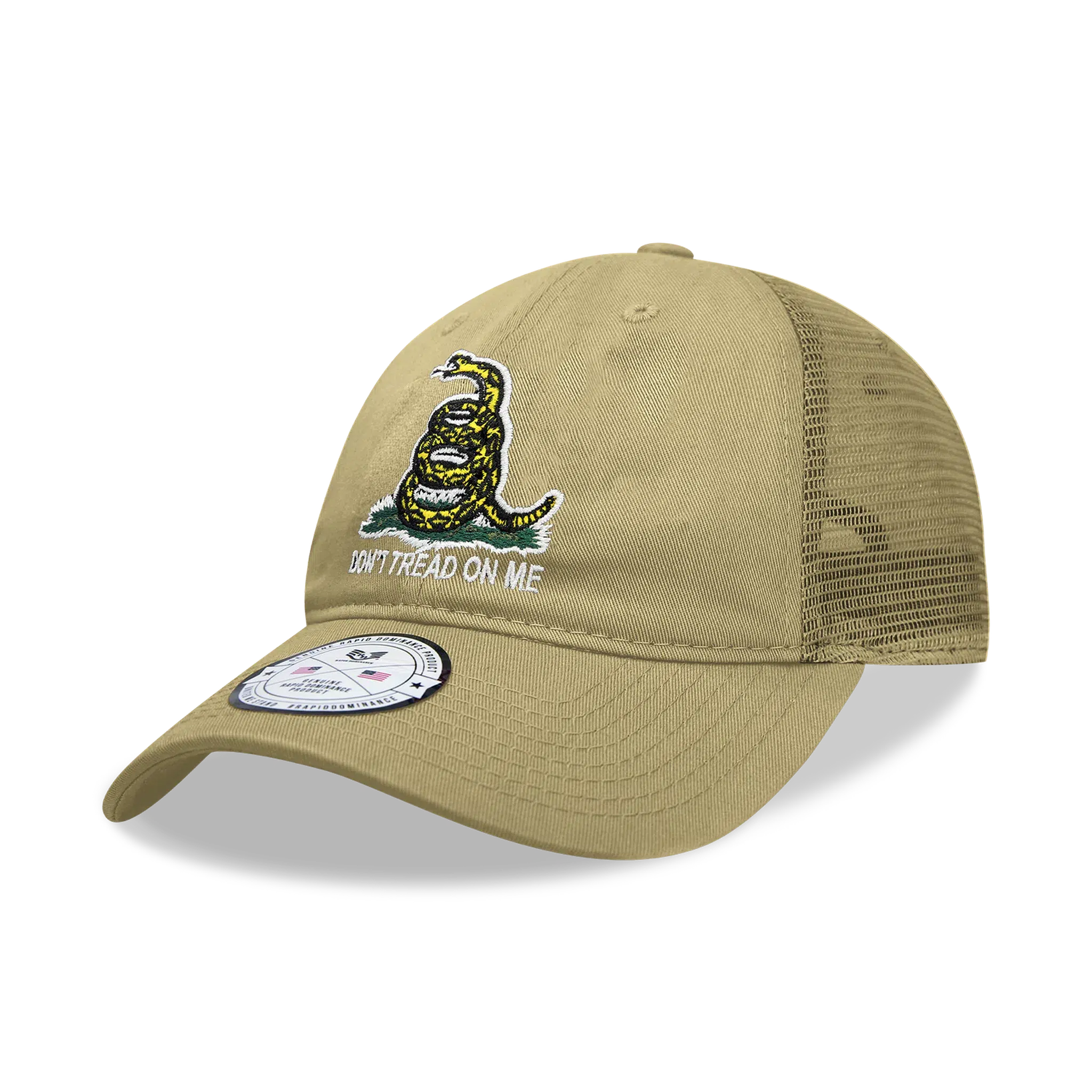 Don't Tread on Me Gadsden Flag Khaki Tan Relaxed Fit Trucker Hat Mesh Back Cap