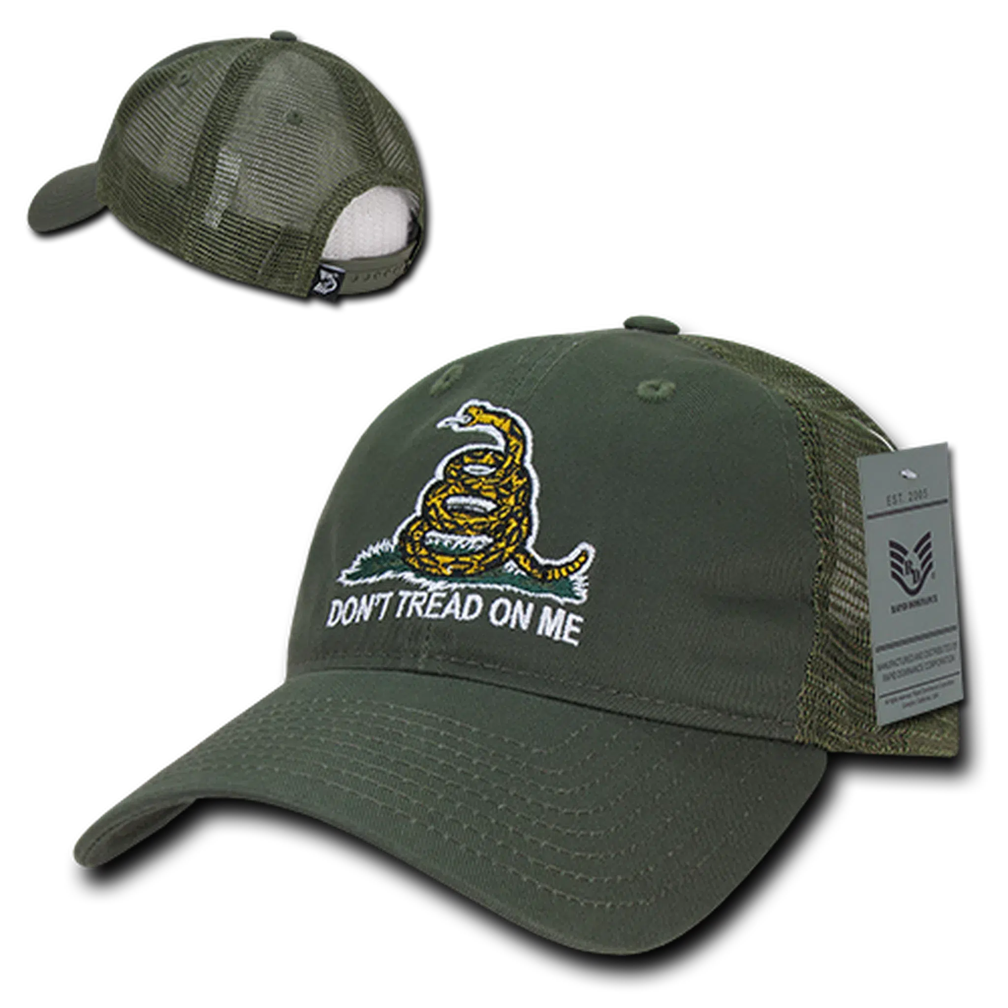 Don't Tread on Me Gadsden Flag Olive Drab Relaxed Fit Trucker Hat Mesh Back Cap