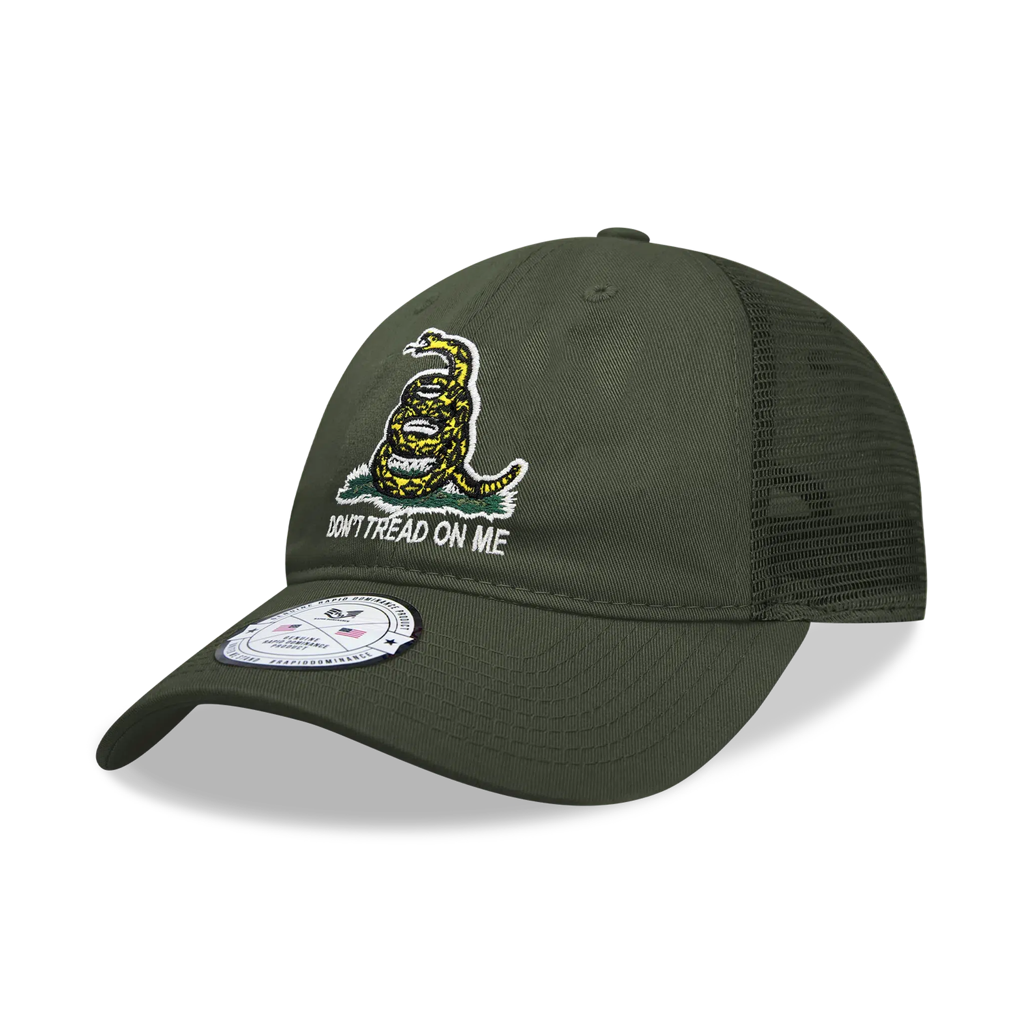 Don't Tread on Me Gadsden Flag Olive Drab Relaxed Fit Trucker Hat Mesh Back Cap