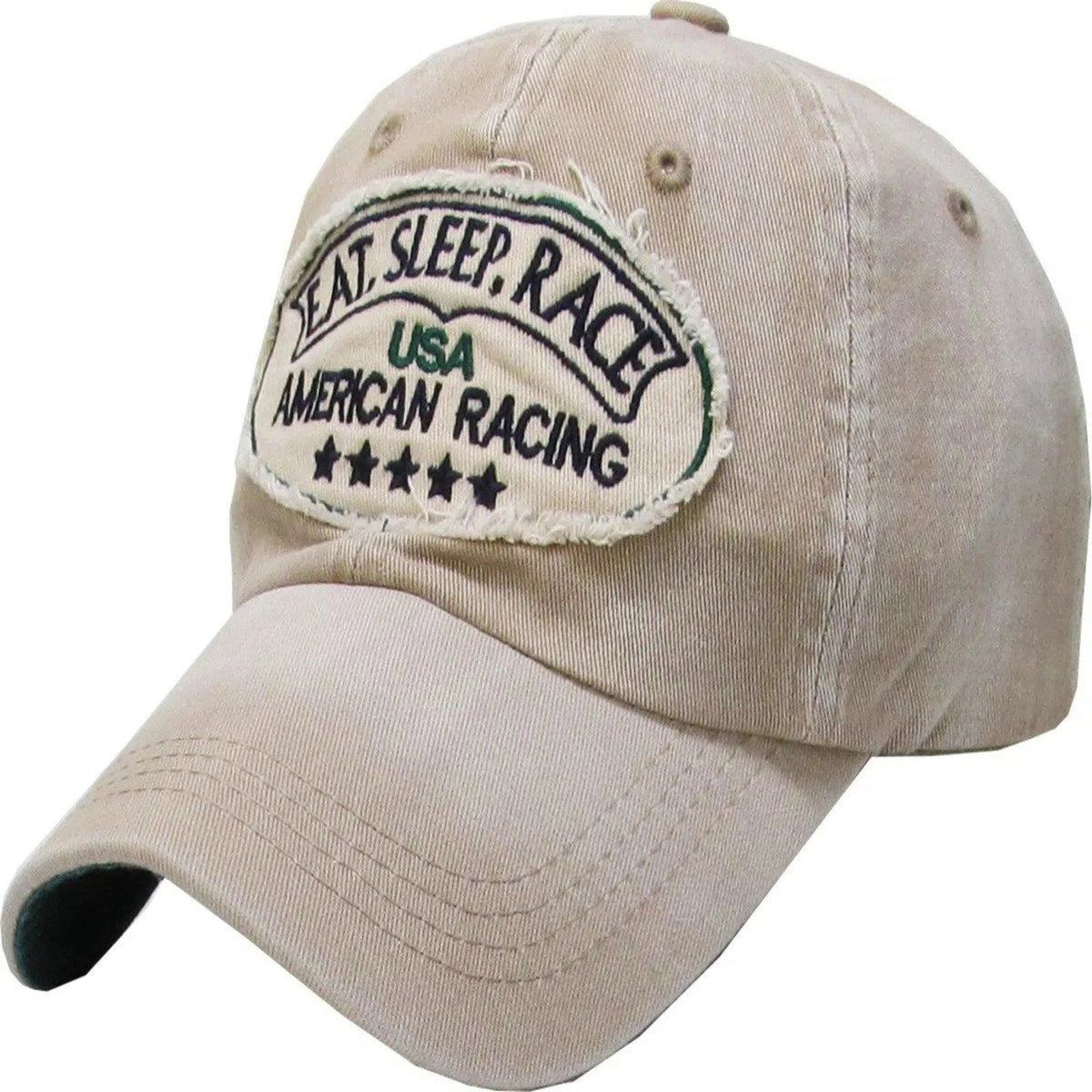 Eat Sleep Race Vintage Distressed Beige Khaki Racing Cap Hat