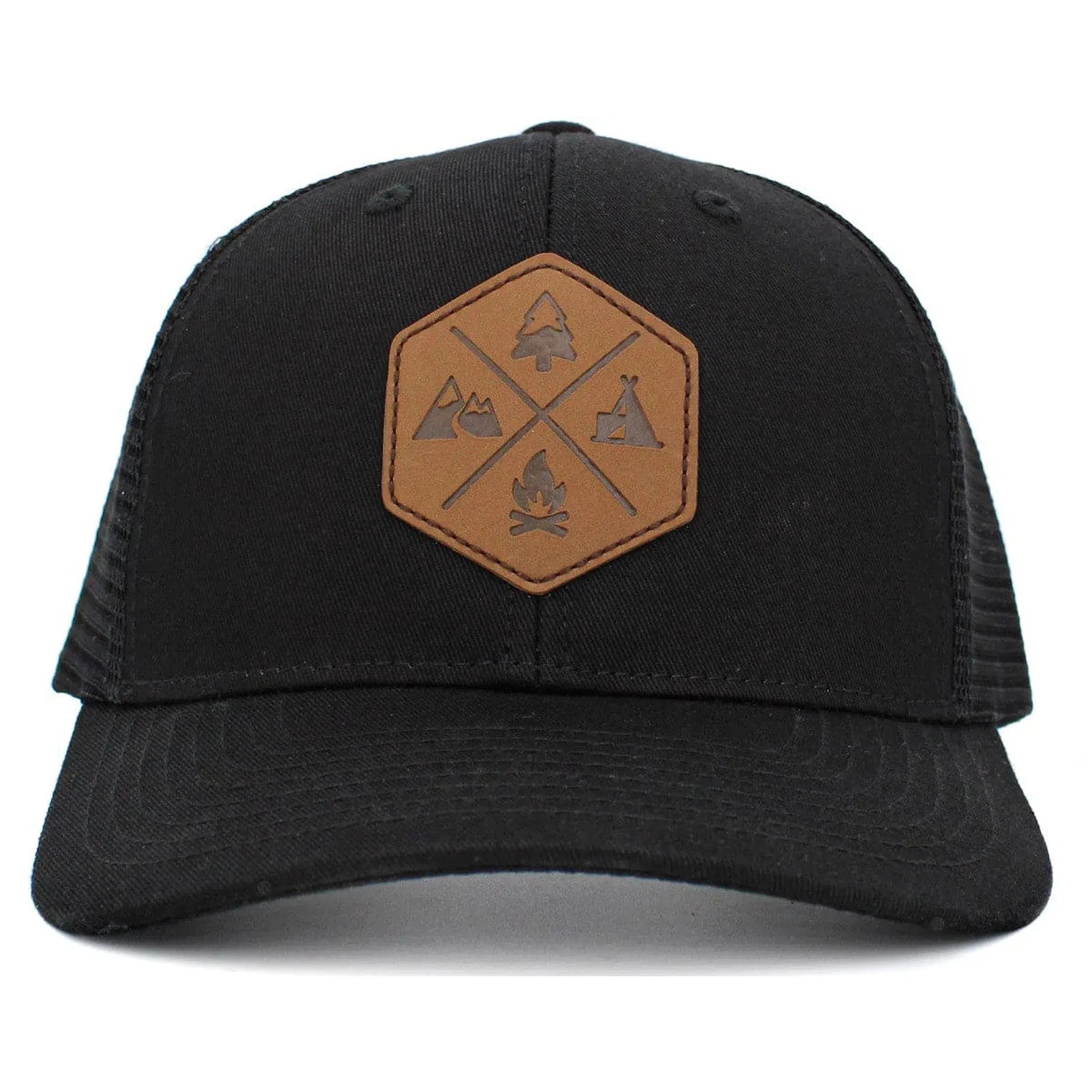 Great Outdoors Leather Patched Black Snapback Cap Trucker Hat