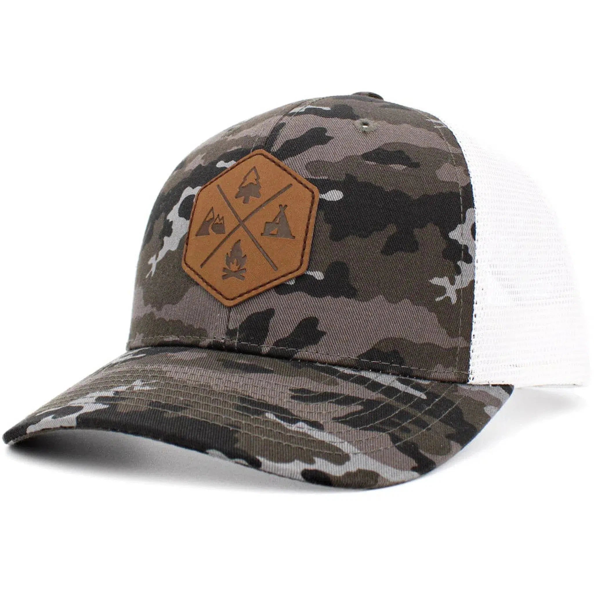 Great Outdoors Leather Patched White & Camouflage Snapback Cap Trucker Hat