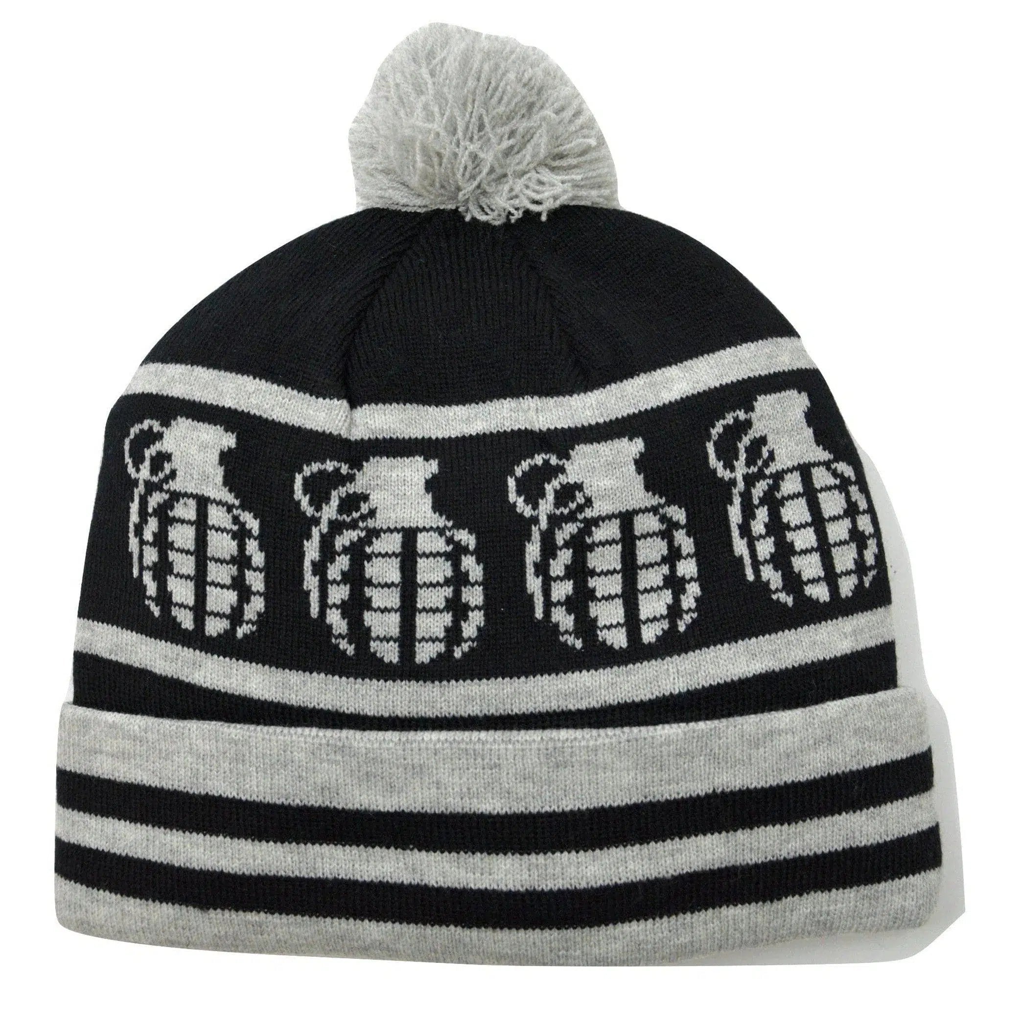 Grenade Letterhead Black & Gray Knit Pom Pom Beanie Winter Hat