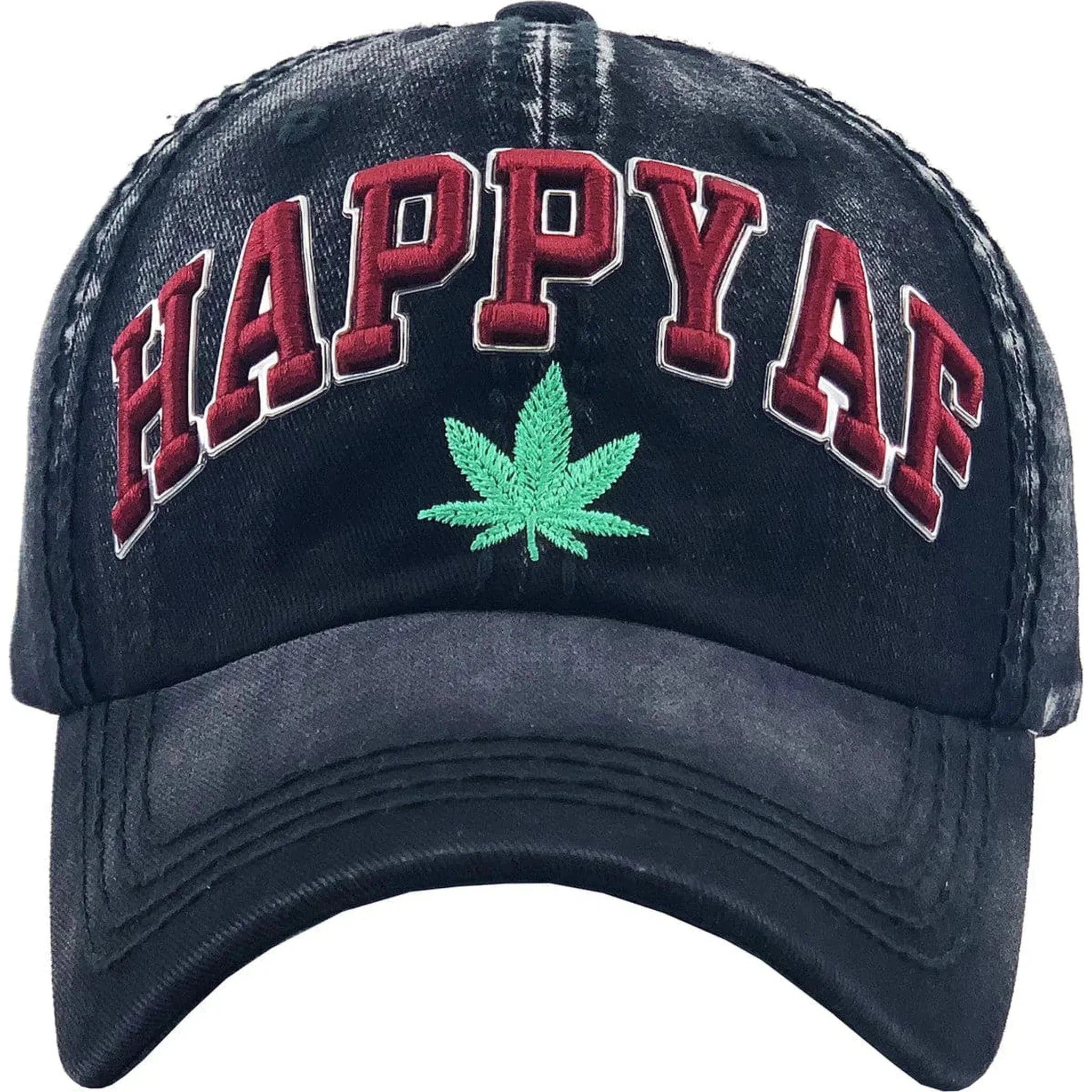 Happy AF 420 Marijuana Pot Weed THC Distressed Black Cap Dad Hat