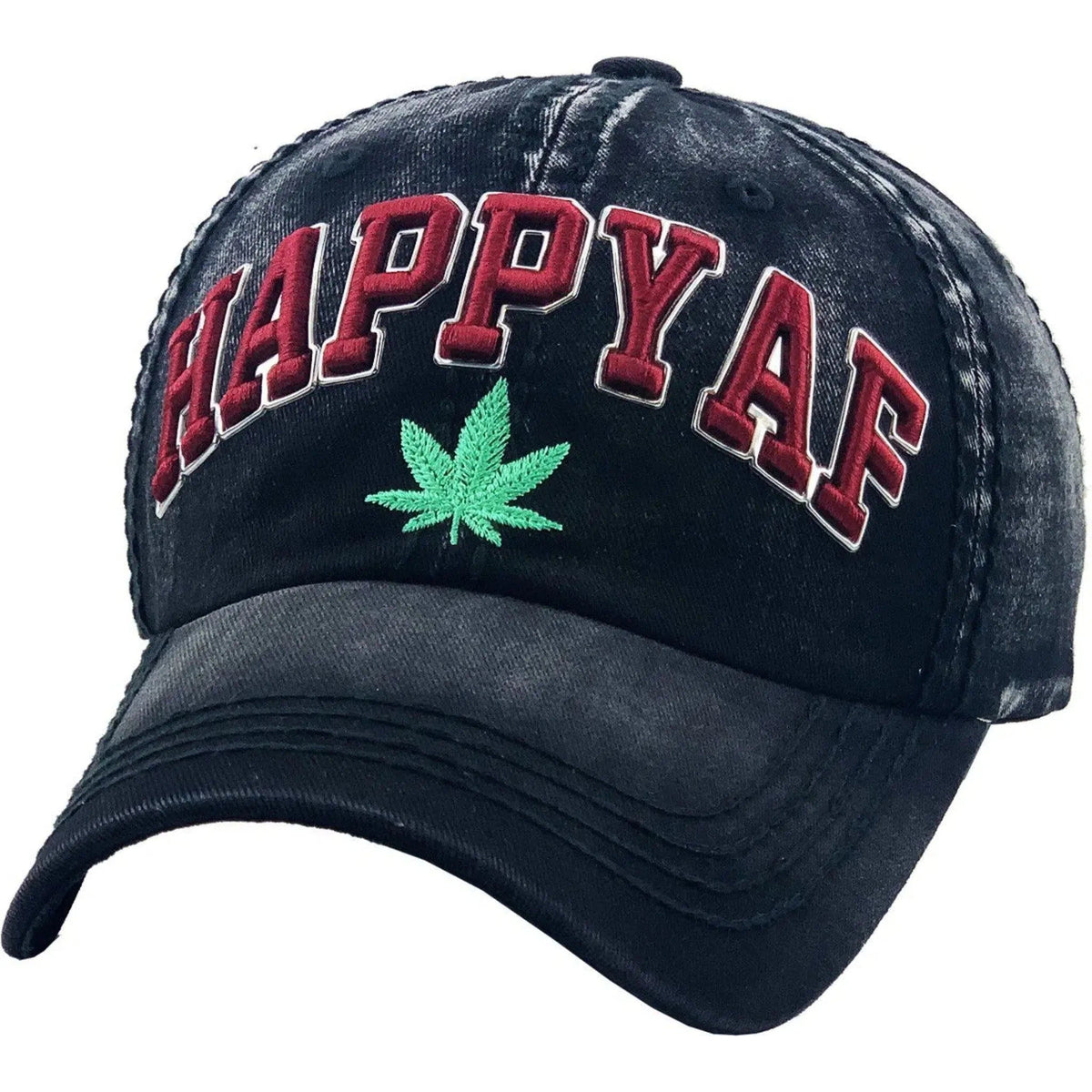 Happy AF 420 Marijuana Pot Weed THC Distressed Black Cap Dad Hat