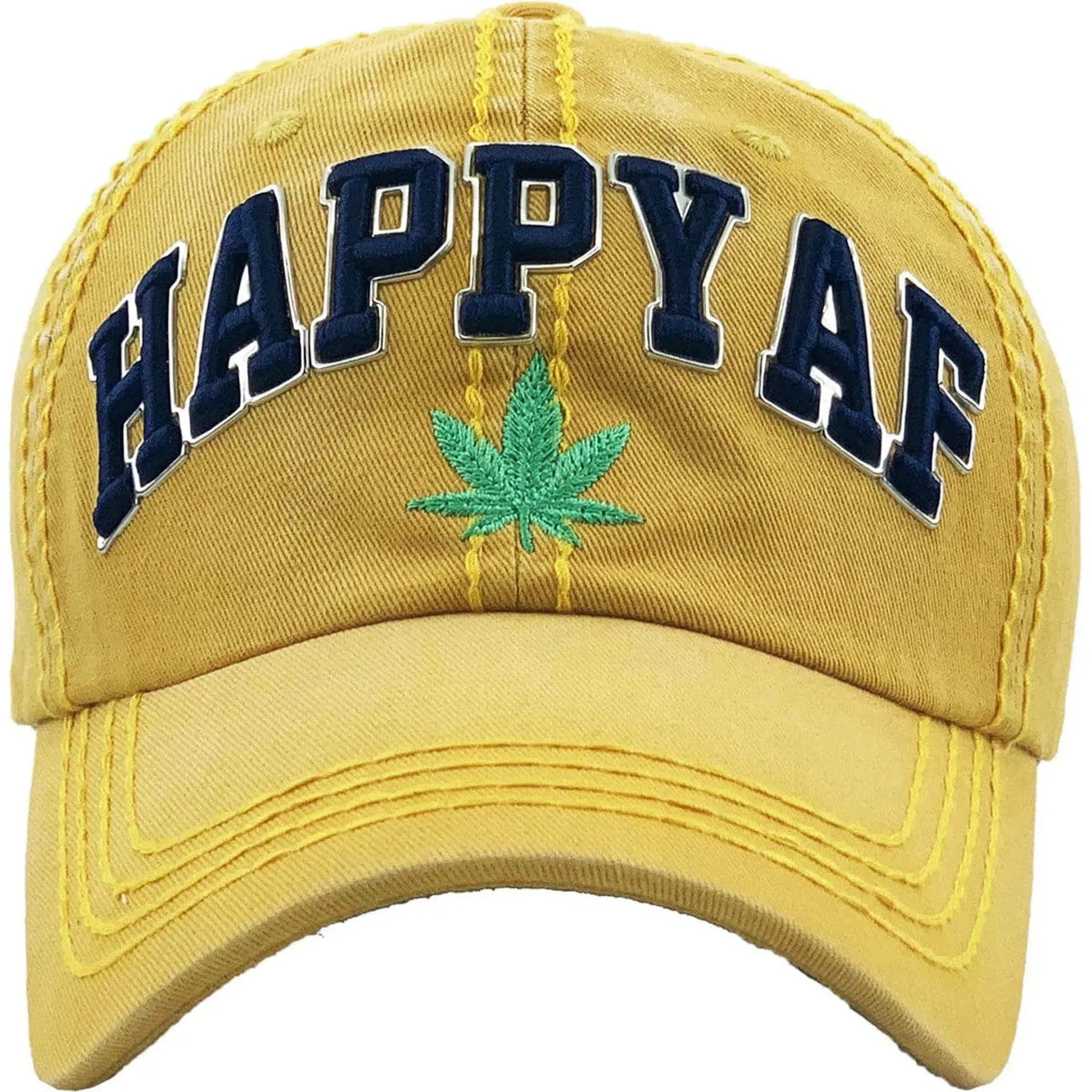 Happy AF 420 Marijuana Pot Weed THC Distressed Yellow Ballcap Dad Hat