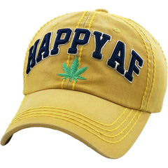 Happy AF 420 Marijuana Pot Weed THC Distressed Yellow Ballcap Dad Hat