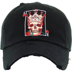 Skull Poker King Vintage Distressed Bill Adjustable Black Cap Dad Hat by KB Ethos