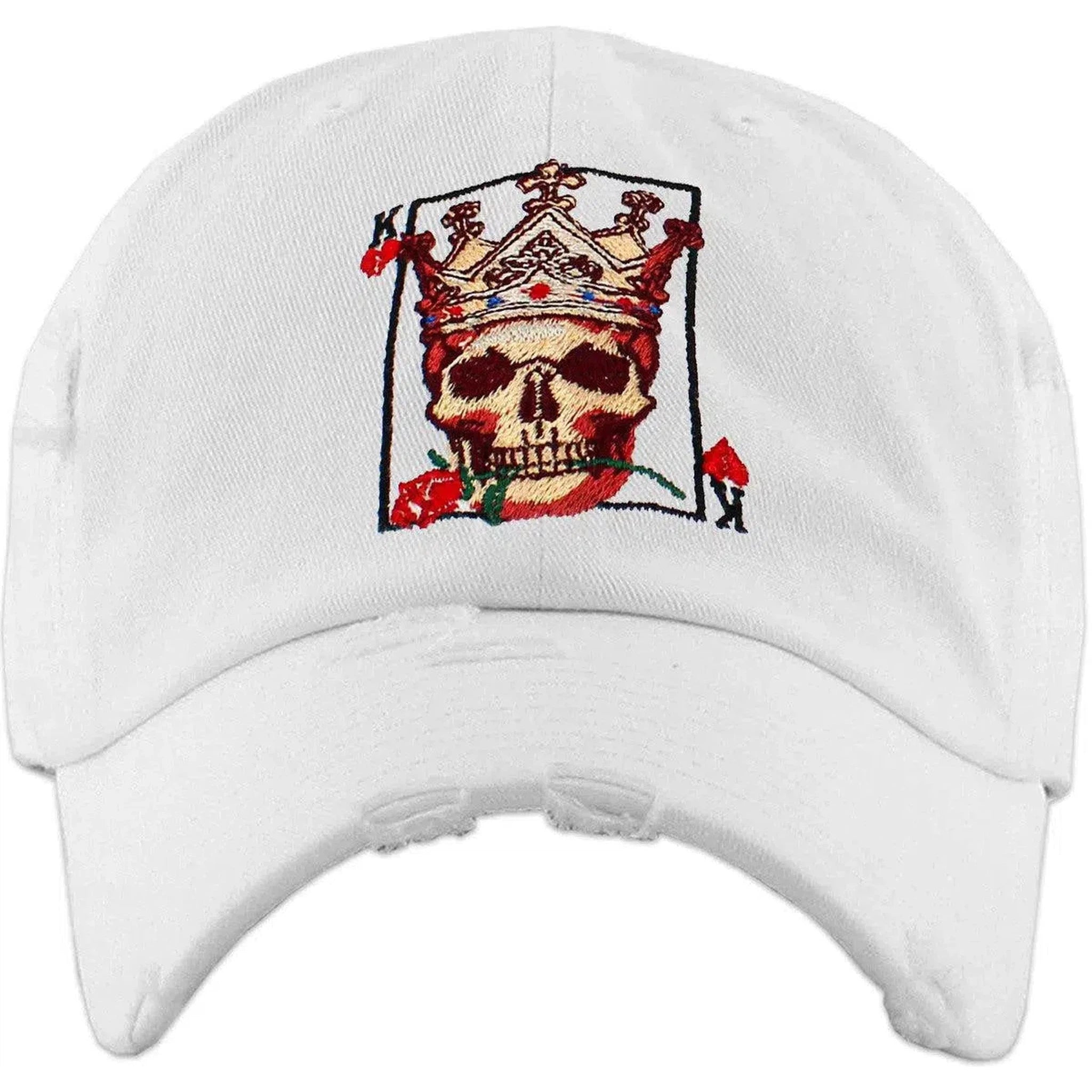 Skull Poker King Vintage Distressed Bill Adjustable White Cap Dad Hat by KB Ethos