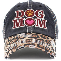 Dog Mom Vintage Leopard Print Distressed Bill Adjustable Black Women's Baseball Hat by KB Ethos