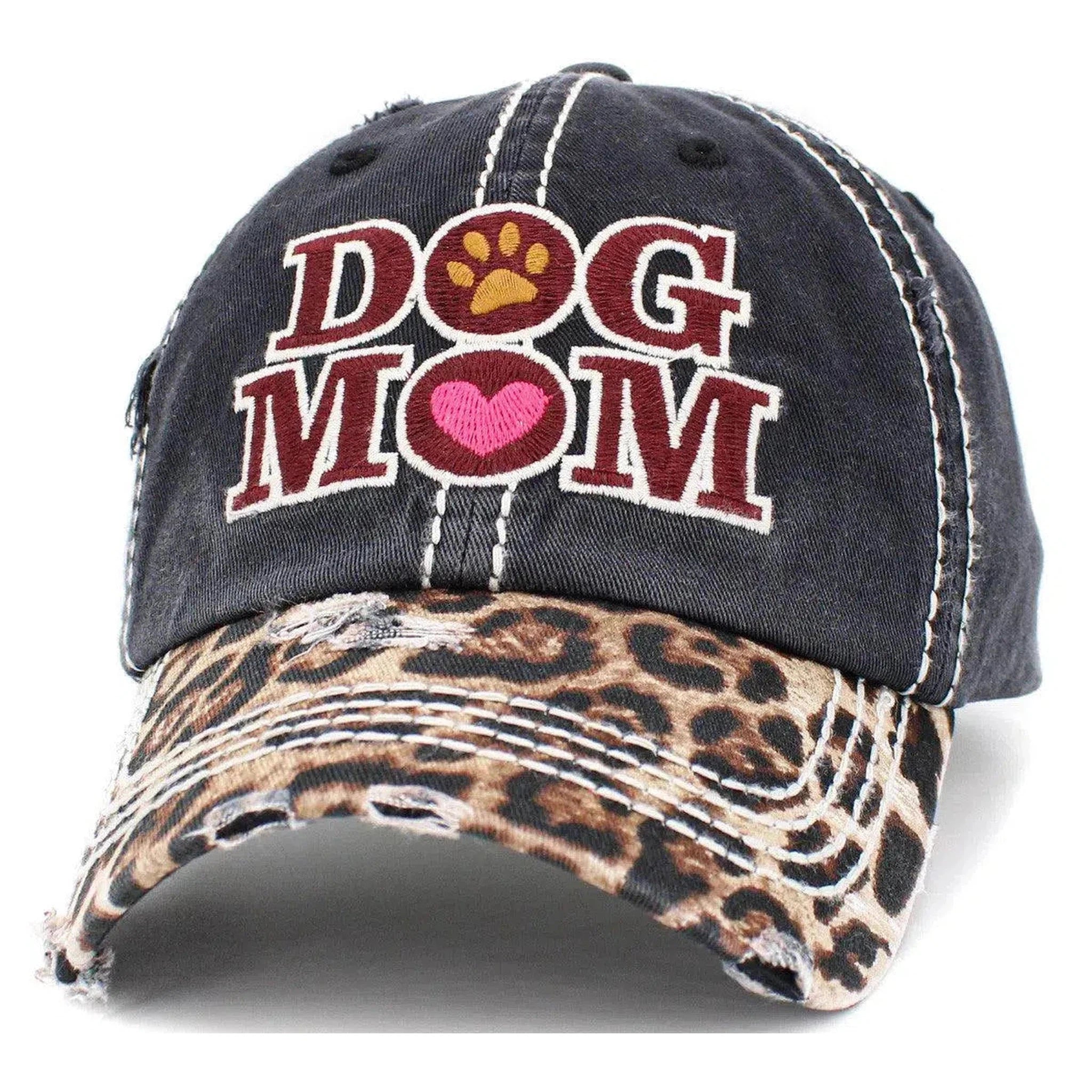 Dog Mom Vintage Leopard Print Distressed Bill Adjustable Black Women's Baseball Hat by KB Ethos