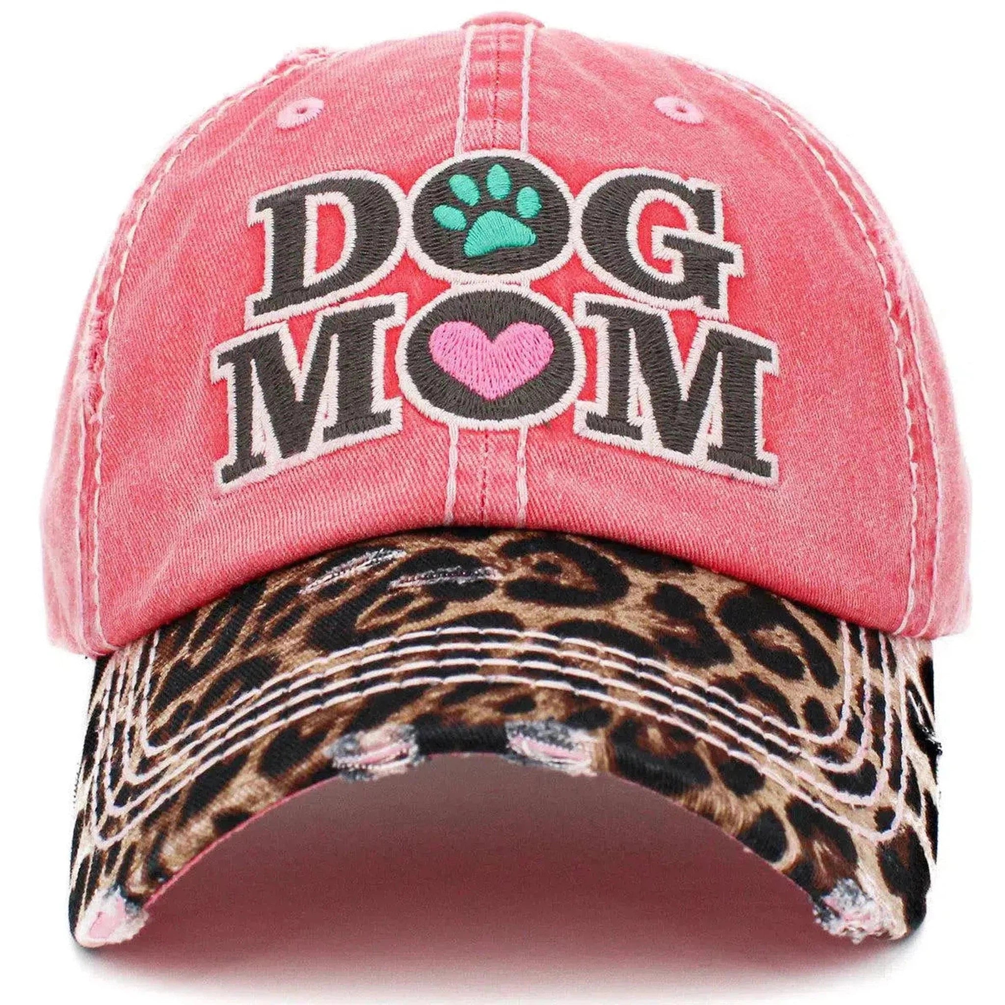 Dog Mom Vintage Leopard Print Distressed Bill Adjustable Hot Pink Women's Baseball Hat by KB Ethos