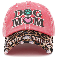 Dog Mom Vintage Leopard Print Distressed Bill Adjustable Hot Pink Women's Baseball Hat by KB Ethos