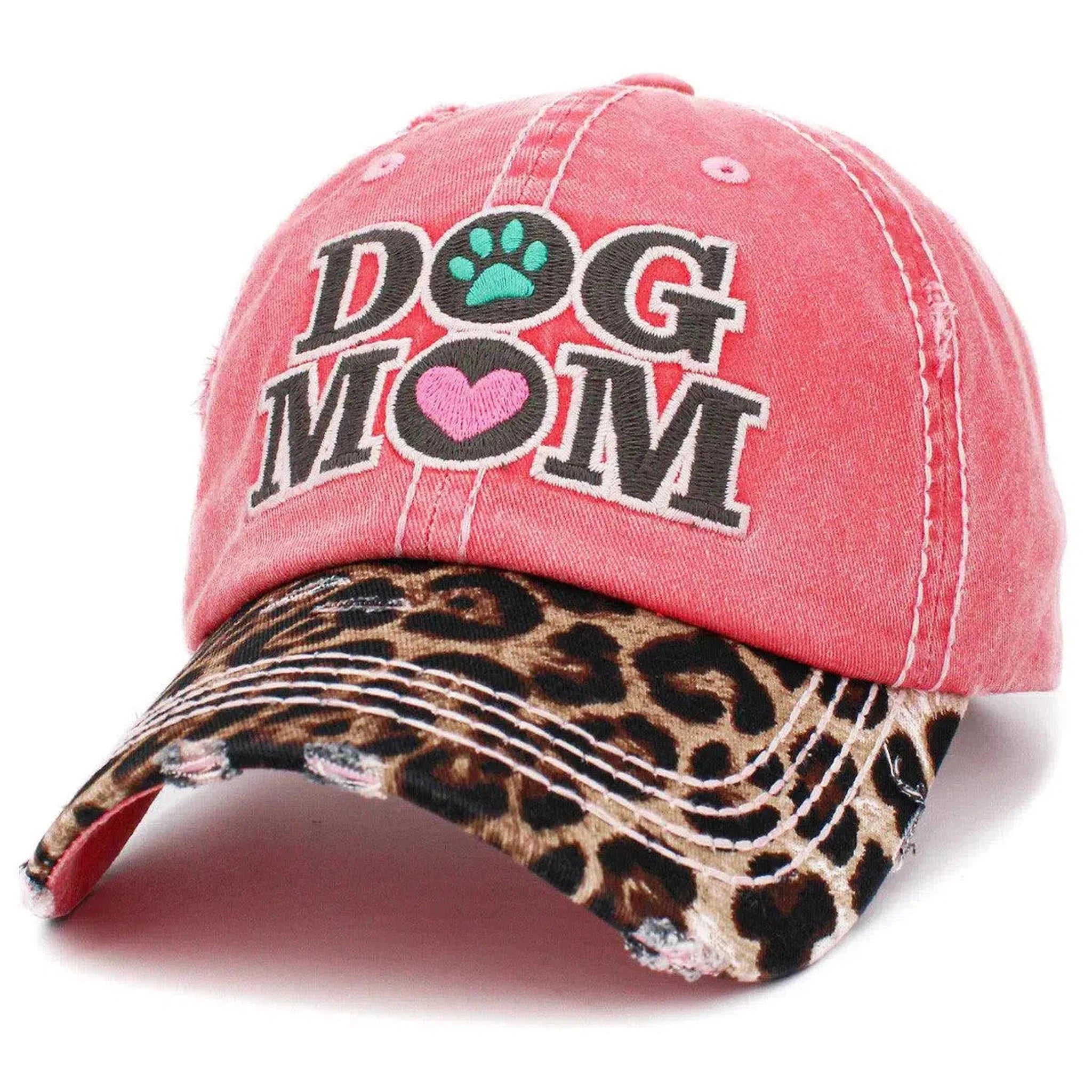 Dog Mom Vintage Leopard Print Distressed Bill Adjustable Hot Pink Women's Baseball Hat by KB Ethos