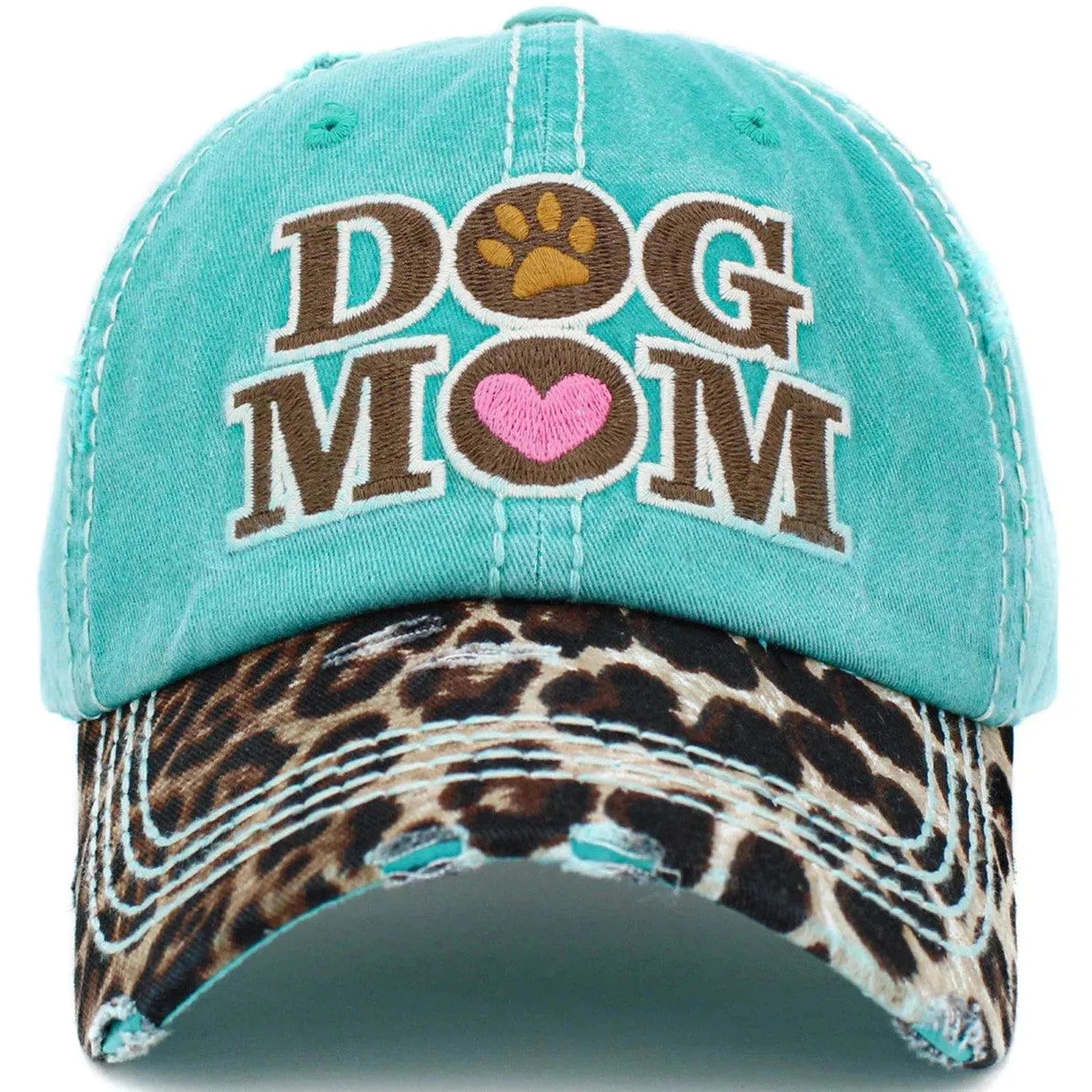 Dog Mom Vintage Leopard Print Distressed Bill Adjustable Turquoise Women's Baseball Hat by KB Ethos