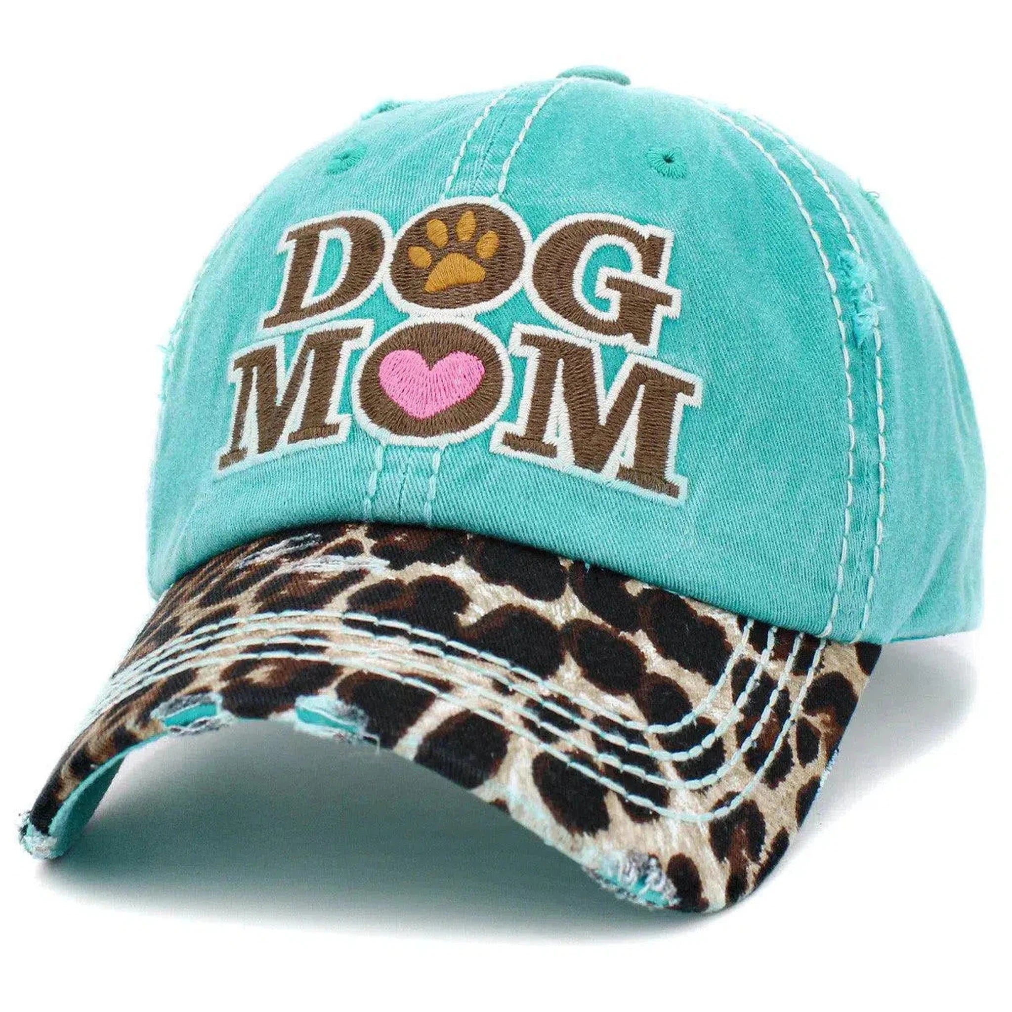 Dog Mom Vintage Leopard Print Distressed Bill Adjustable Turquoise Women's Baseball Hat by KB Ethos