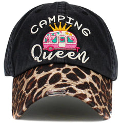 Camping Queen Vintage Leopard Print Distressed Bill Adjustable Black Women's Baseball Cap by KB Ethos