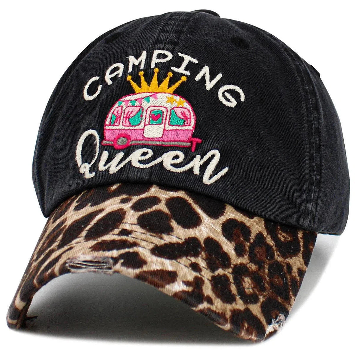 Camping Queen Vintage Leopard Print Distressed Bill Adjustable Black Women's Baseball Cap by KB Ethos