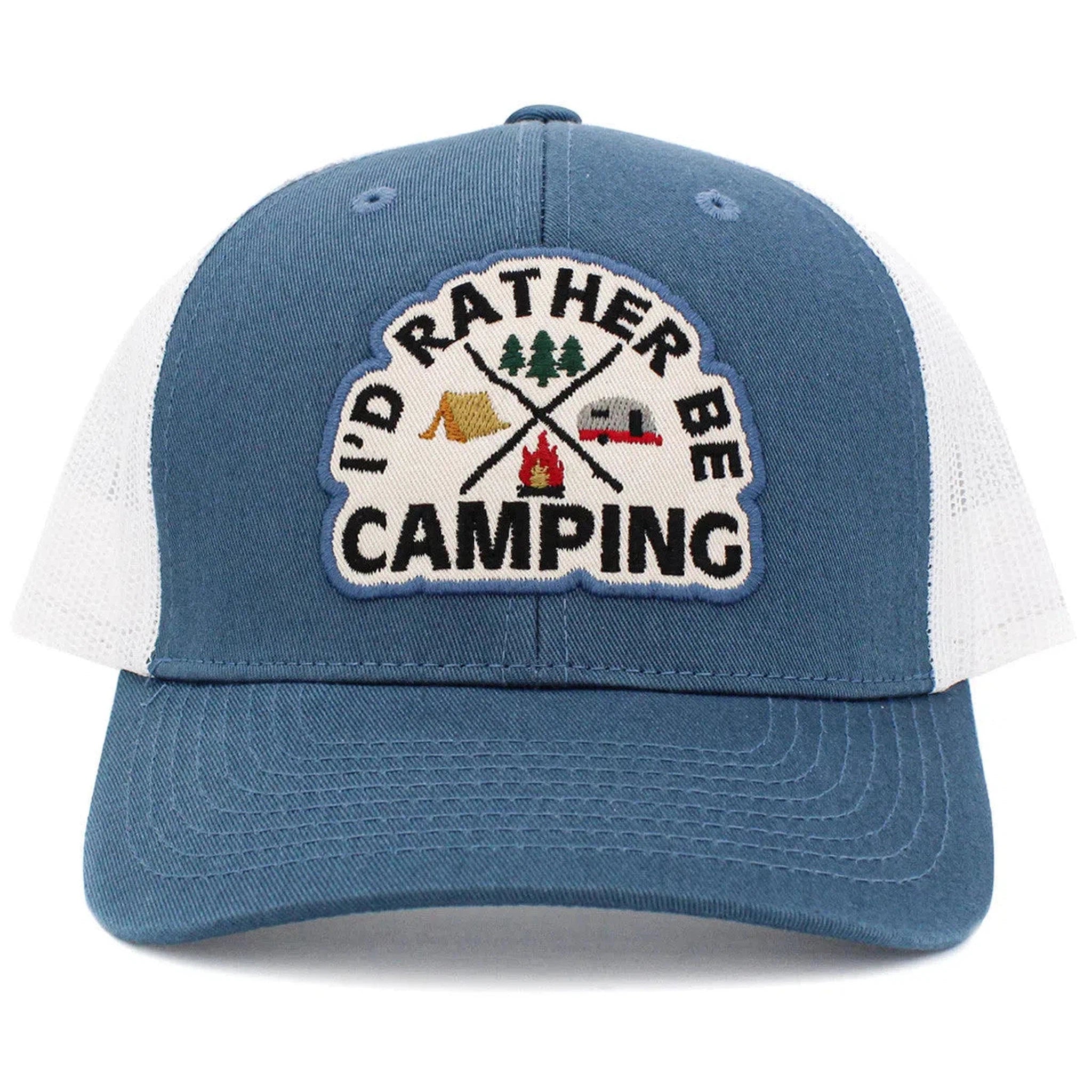 I'd Rather Be Camping 2 Tone Blue & White Mesh Back Vintage Ballcap by KB Ethos