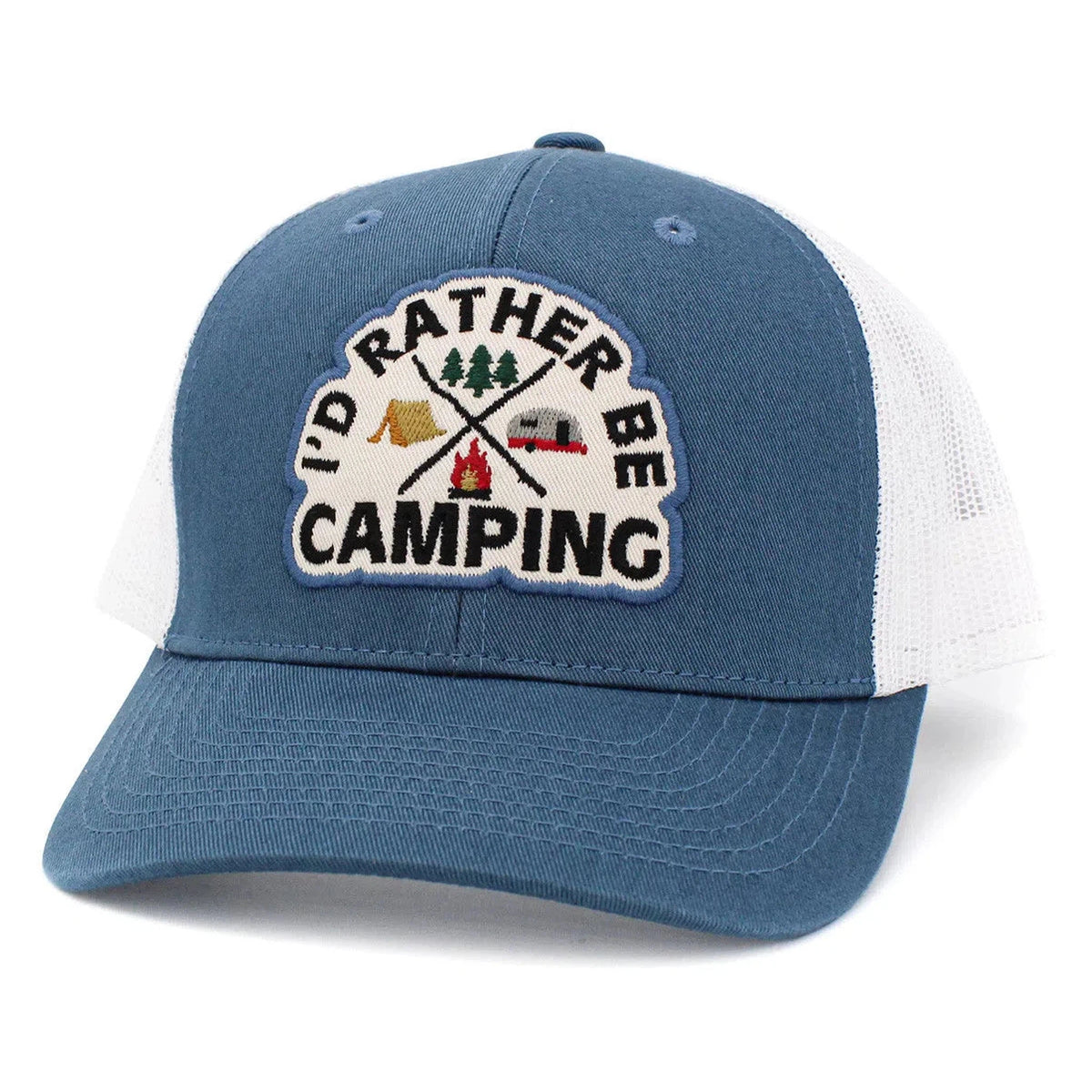 I'd Rather Be Camping 2 Tone Blue & White Mesh Back Vintage Ballcap by KB Ethos