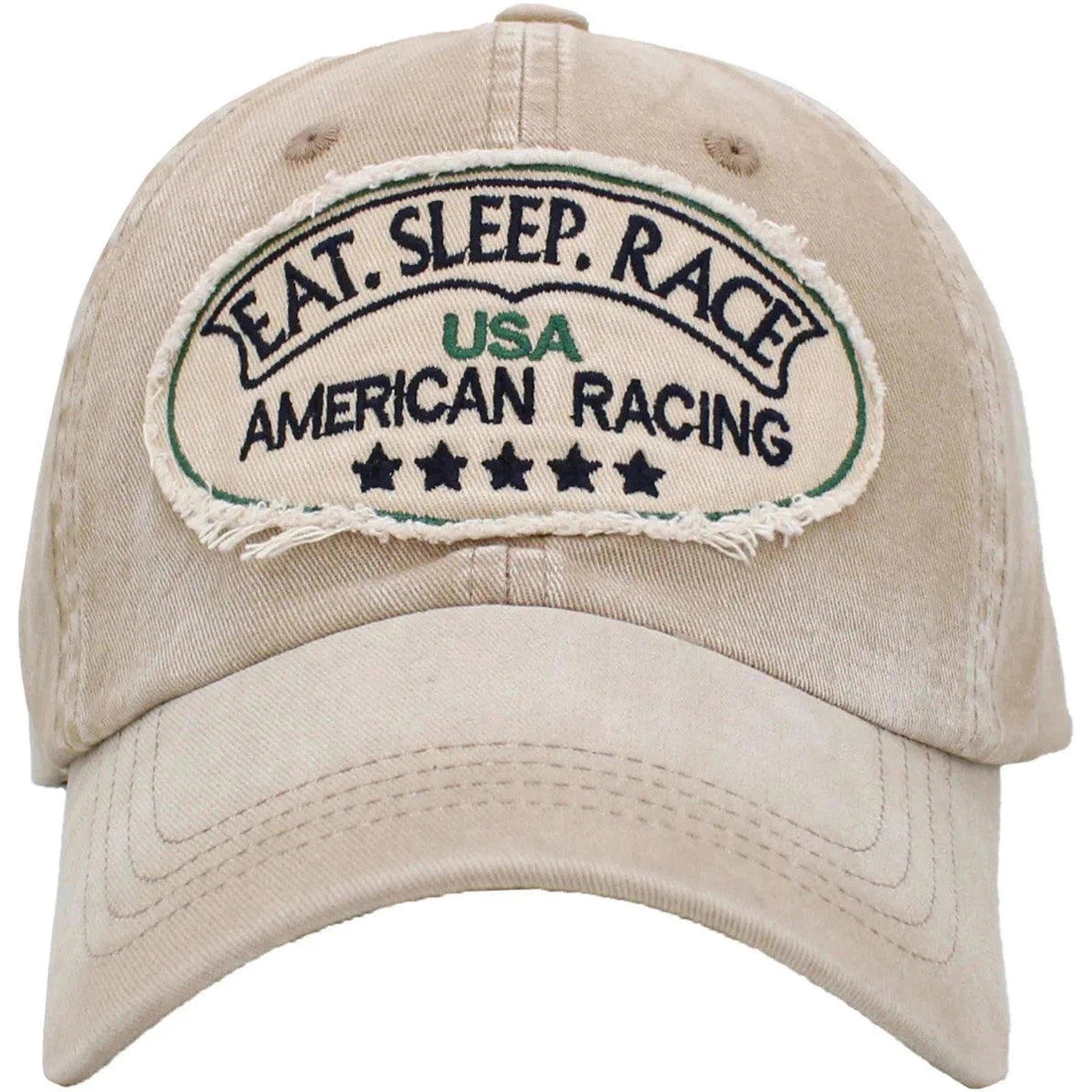 Eat Sleep Race Vintage Distressed Beige Khaki Racing Cap Hat