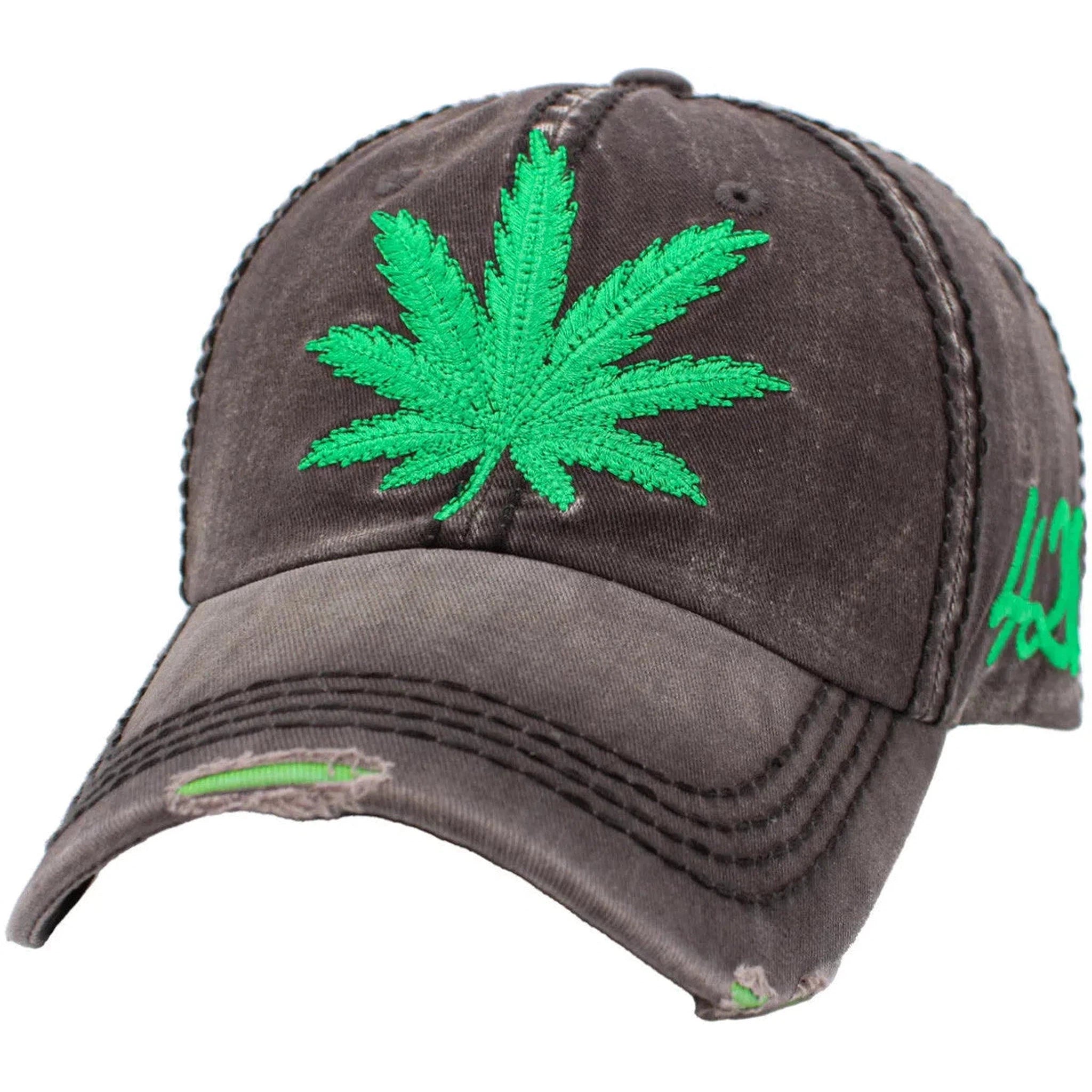 Cannabis, 420, Green Pot Leaf Logo Vintage Dark Gray Strapback Dad Hat by KB Ethos