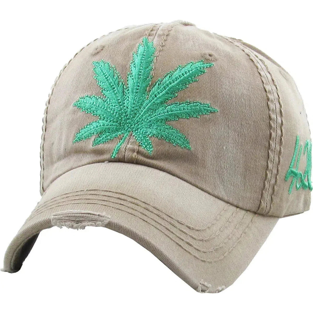 Cannabis, 420, Green Pot Leaf Logo Vintage Khaki Strapback Dad Hat by KB Ethos