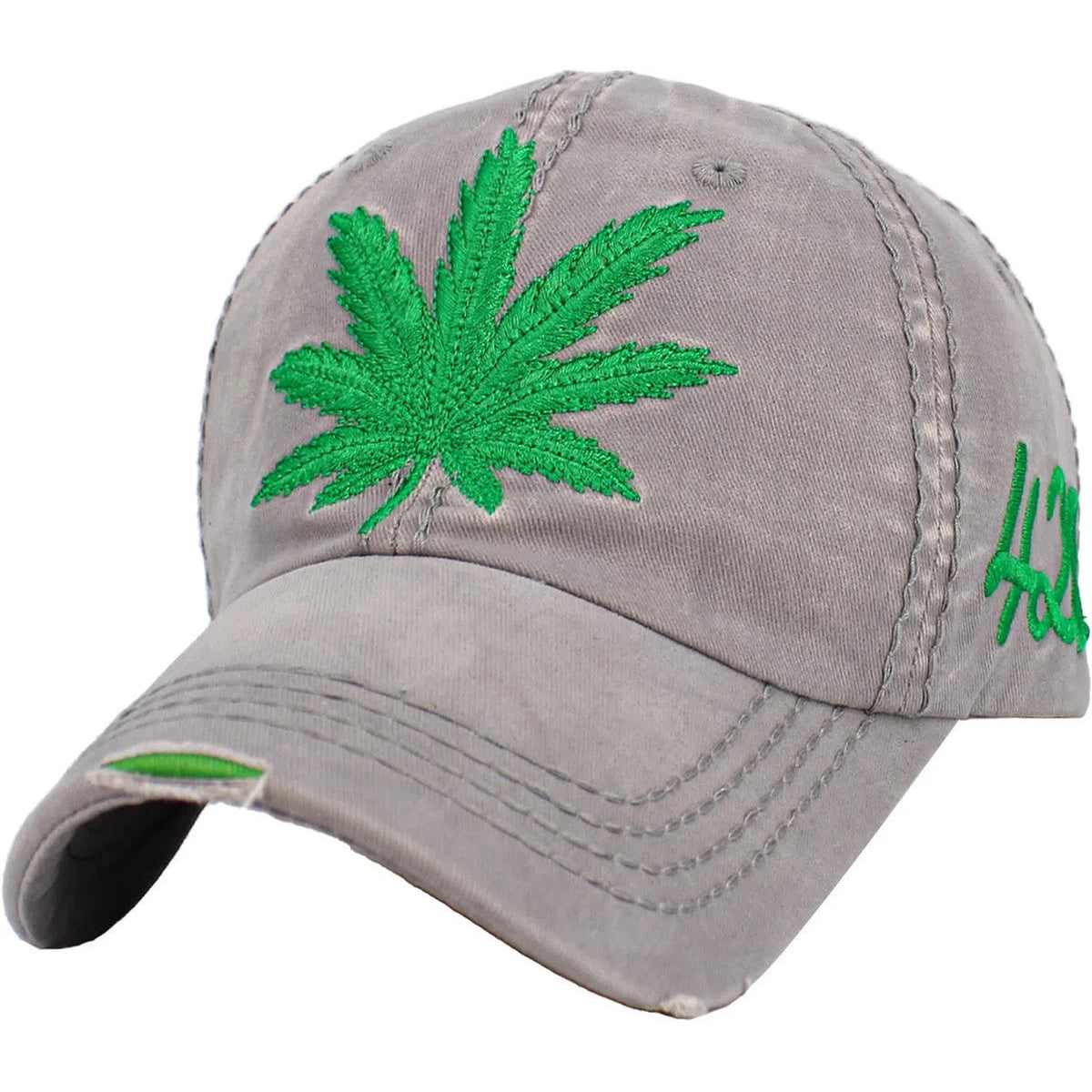 Cannabis, 420, Green Pot Leaf Logo Vintage Light Gray Strapback Dad Hat by KB Ethos