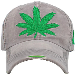 Cannabis, 420, Green Pot Leaf Logo Vintage Light Gray Strapback Dad Hat by KB Ethos