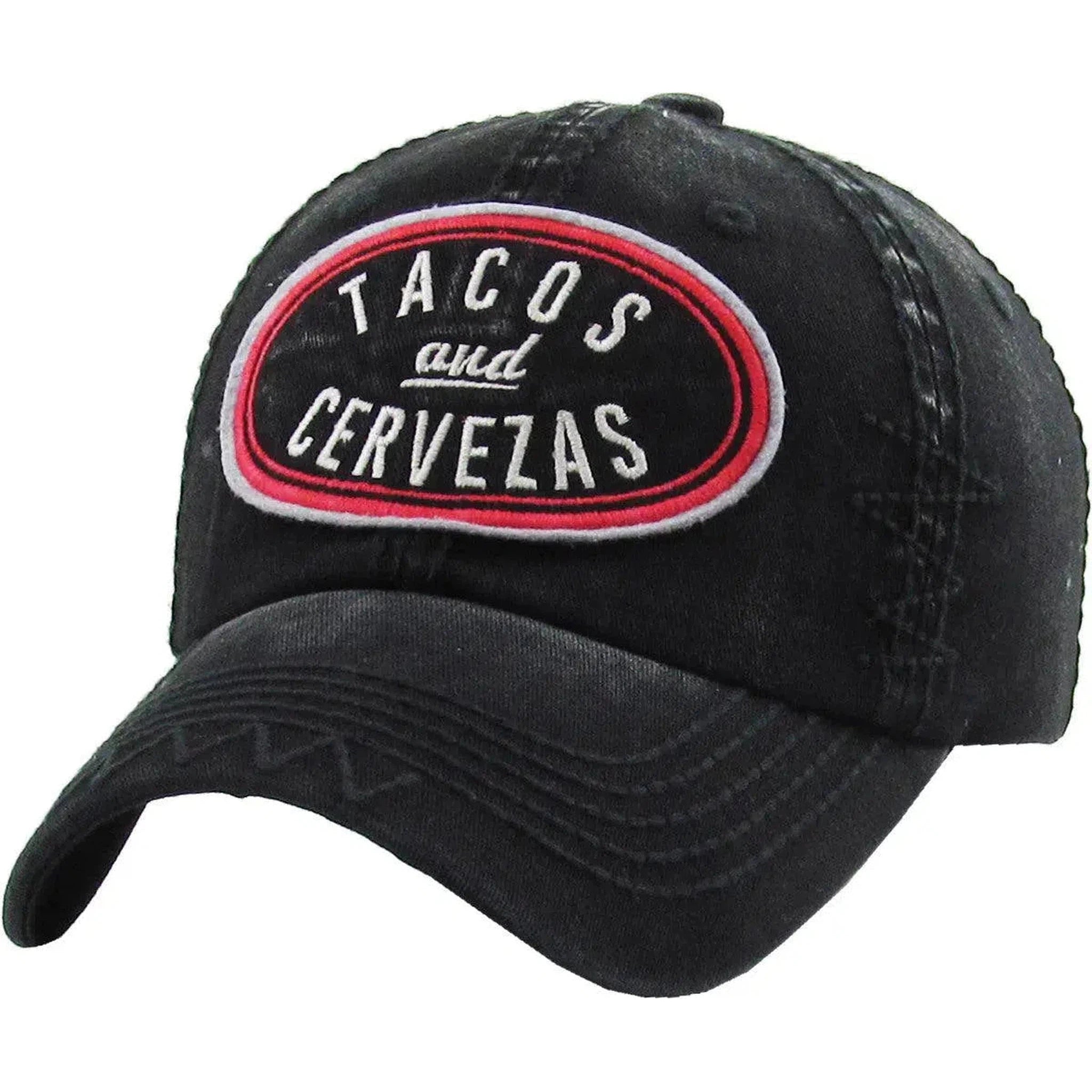 Tacos & Cervezas Patched Logo Vintage Black Strapback Dad Hat by KB Ethos