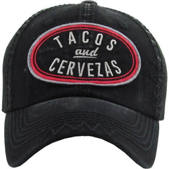 Tacos & Cervezas Patched Logo Vintage Black Strapback Dad Hat by KB Ethos