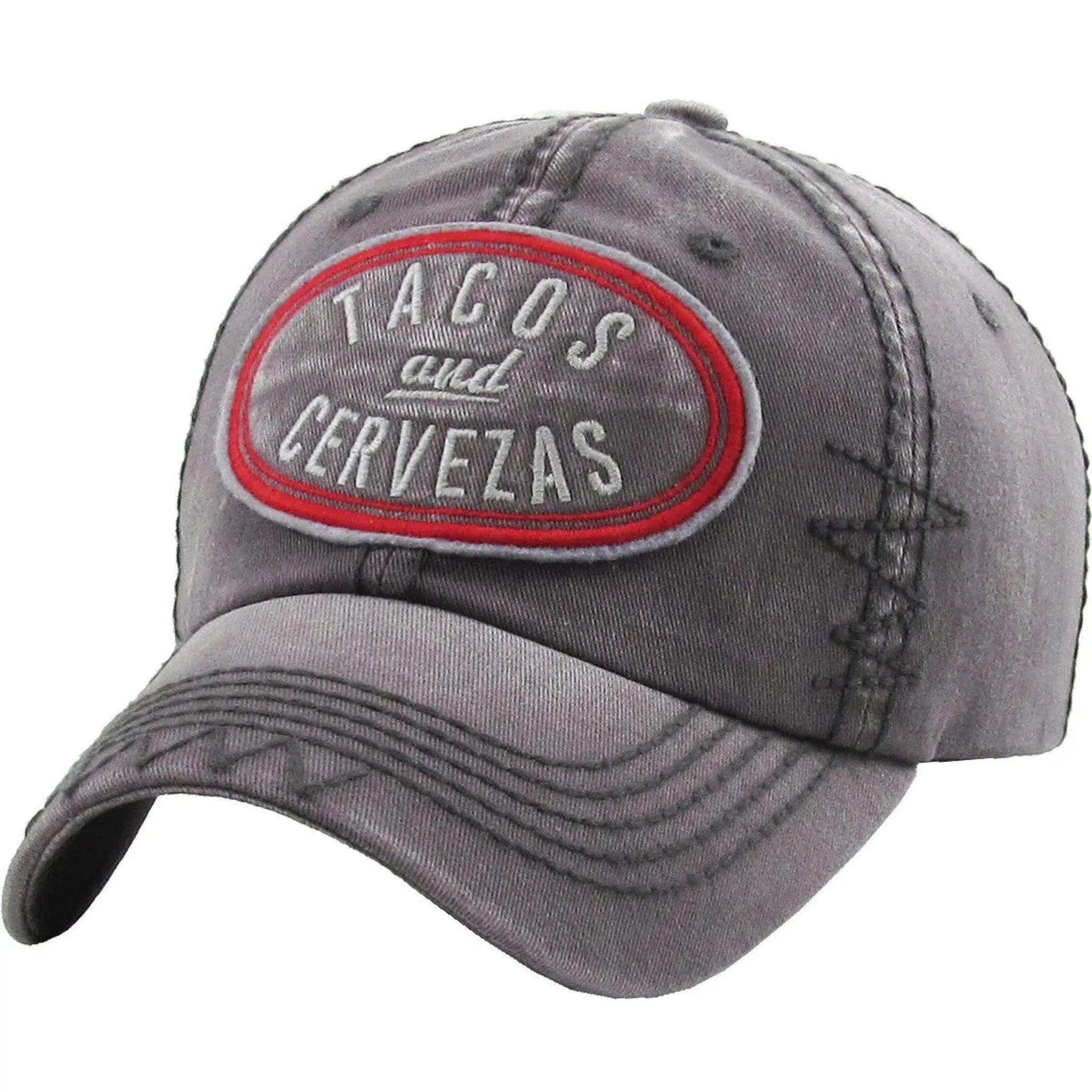 Tacos & Cervezas Patched Logo Vintage Gray Strapback Dad Hat by KB Ethos