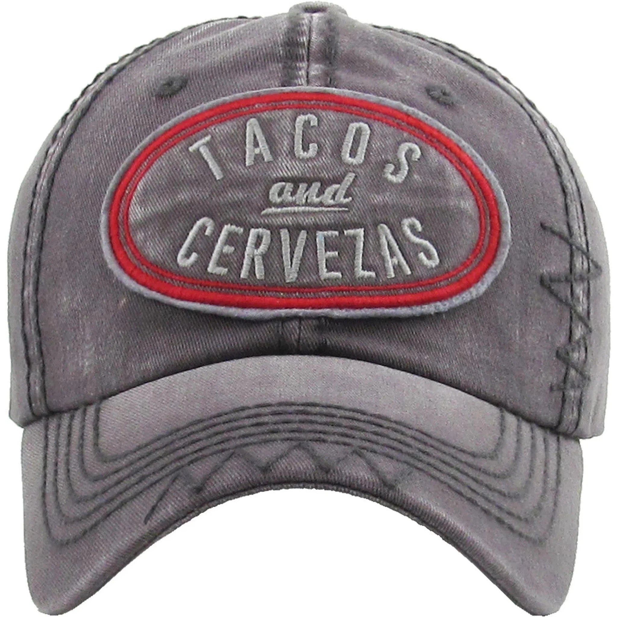 Tacos & Cervezas Patched Logo Vintage Gray Strapback Dad Hat by KB Ethos