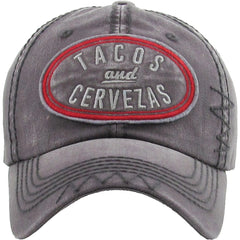 Tacos & Cervezas Patched Logo Vintage Gray Strapback Dad Hat by KB Ethos