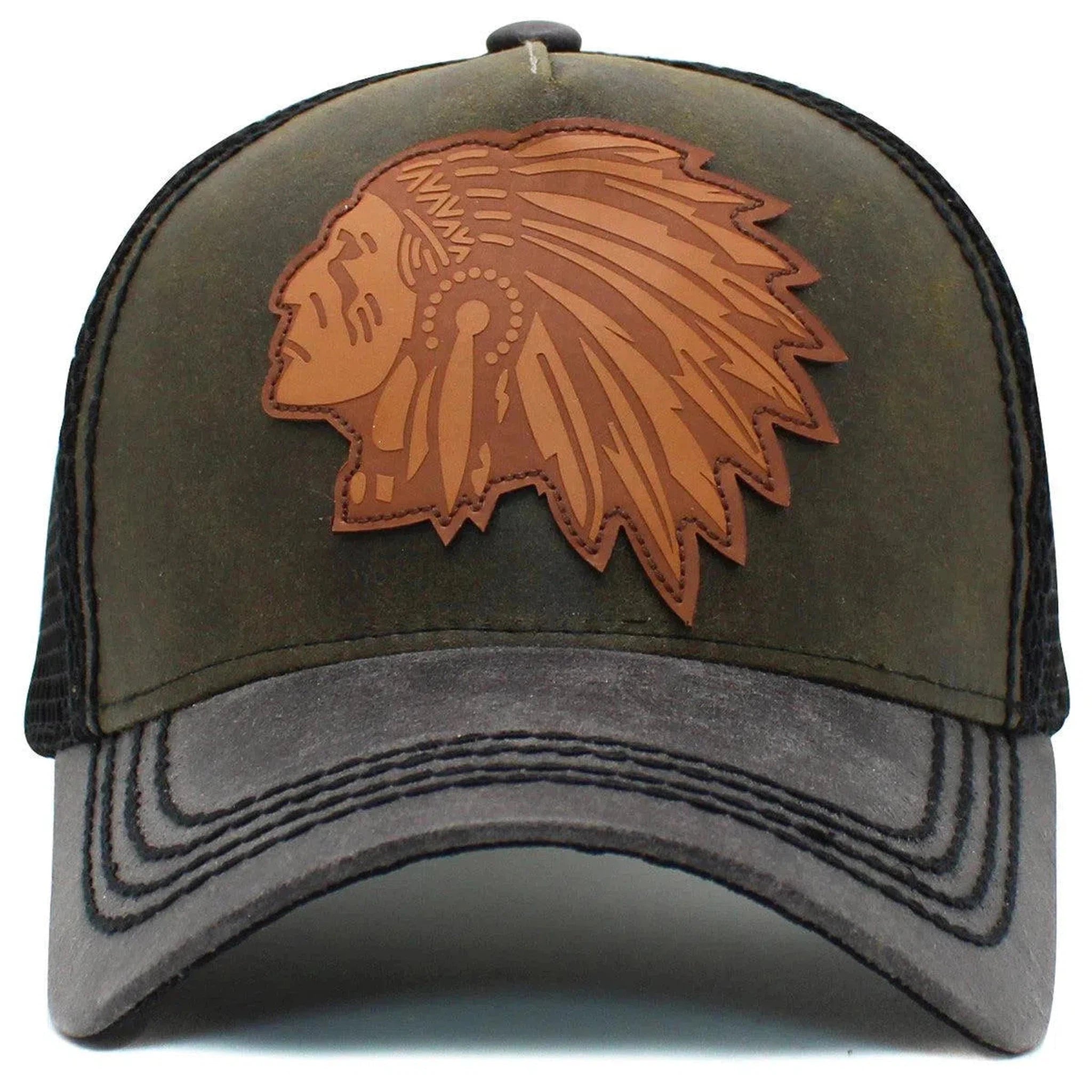 Native American Big Chief Meshback Trucker Style Cap Olive Green Hat by KB Ethos