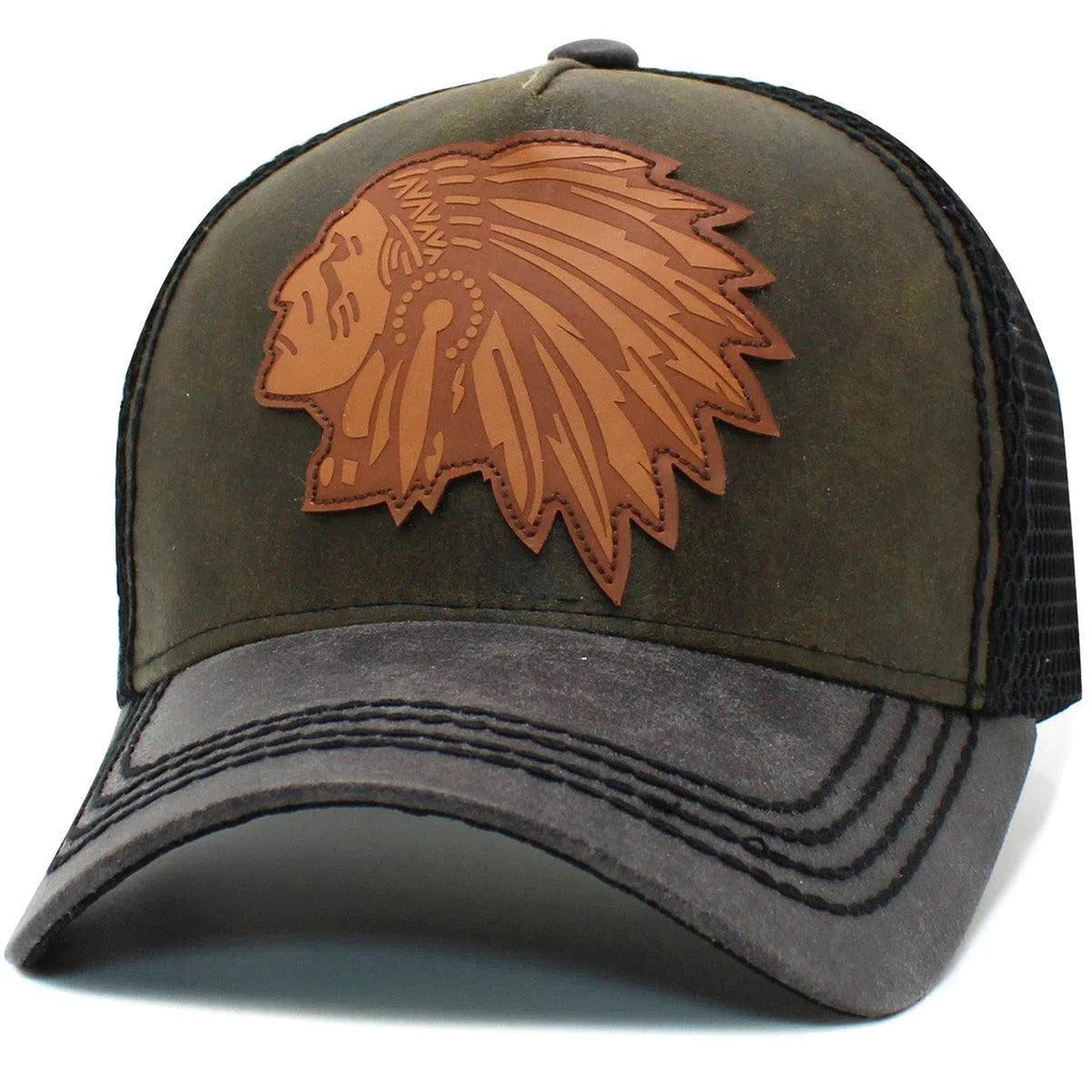 Native American Big Chief Meshback Trucker Style Cap Olive Green Hat by KB Ethos