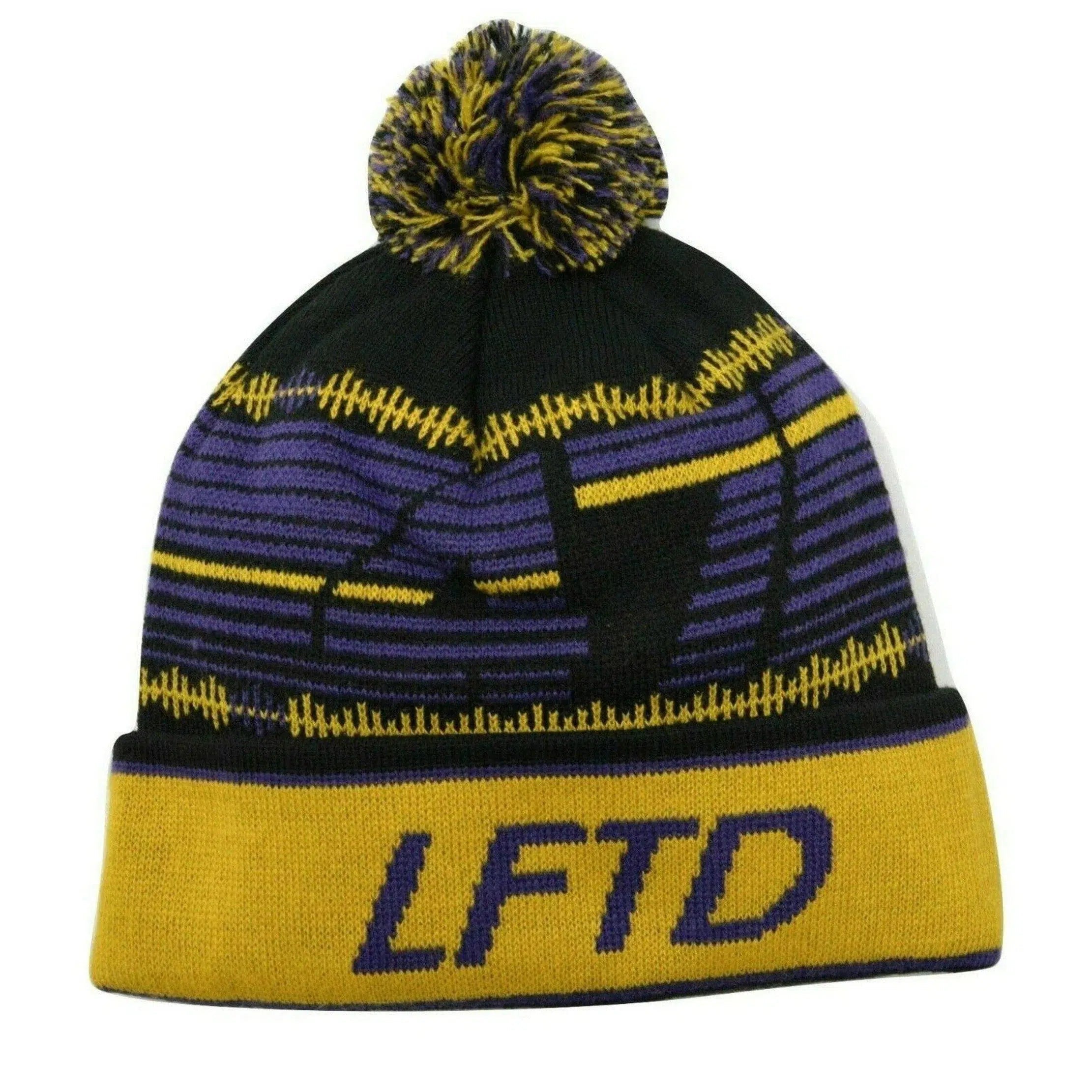 LRG Lifted Research Group LFTD Purple & Yellow Knit Pom Pom Beanie Winter Hat