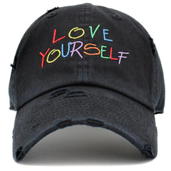 Love Yourself Vintage Adjustable Black Distressed Hat