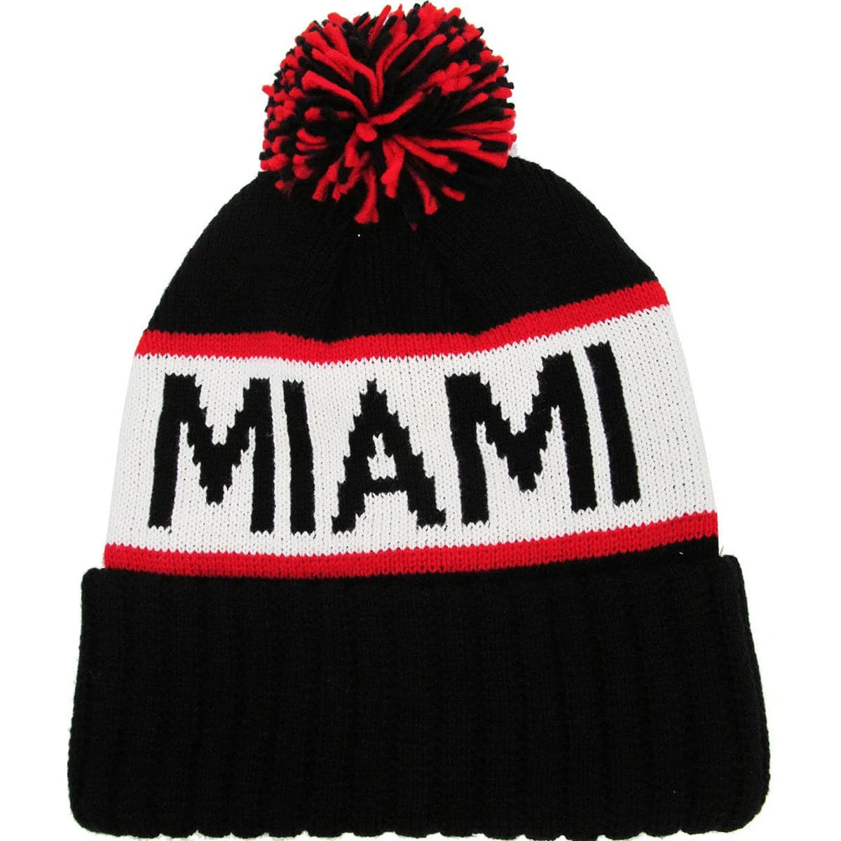 Miami City Collection Knit Black, White & Red Pom Beanie Winter Hat