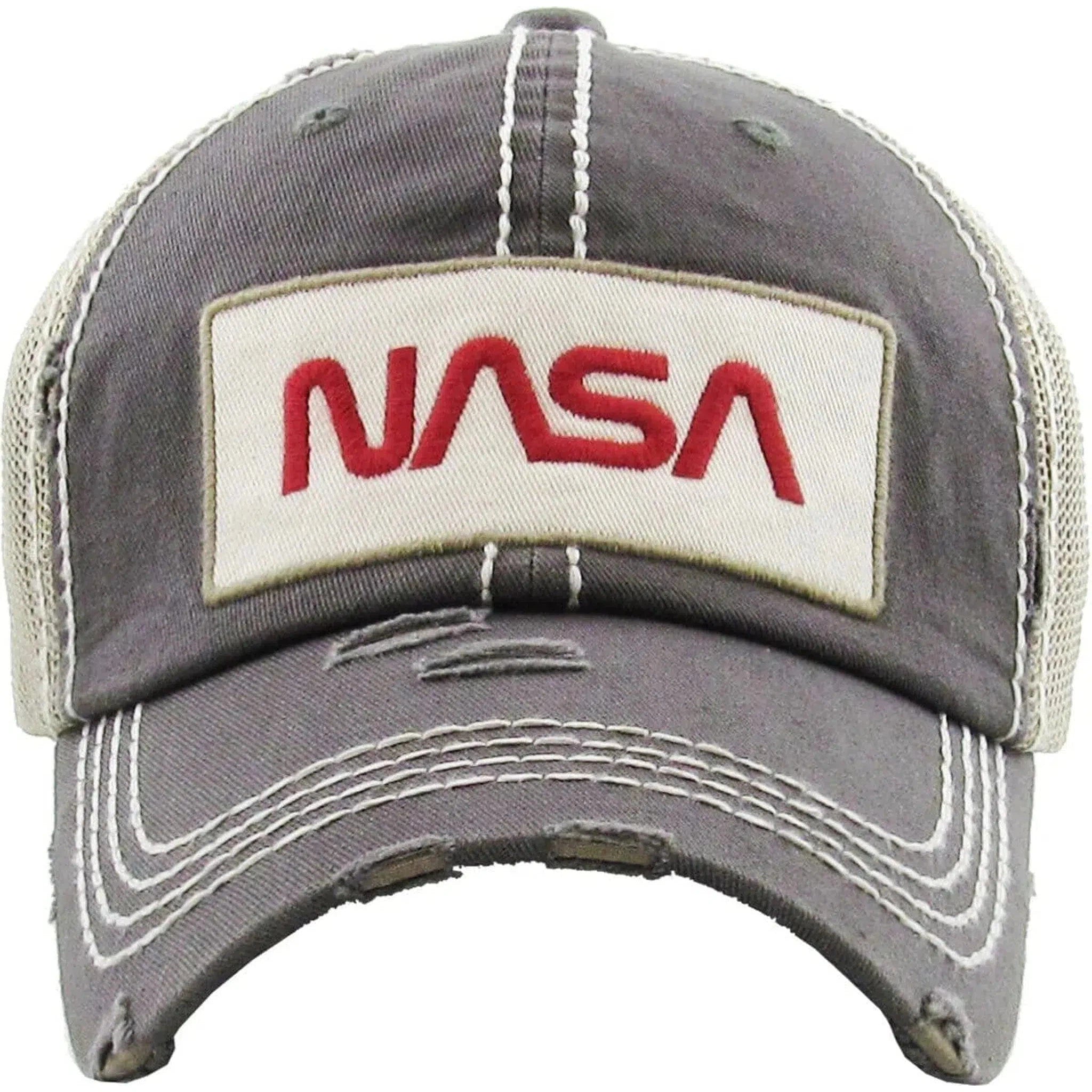 NASA Distressed Adjustable Gray & Khaki Mesh Back Cap Dad Hat by KB Ethos