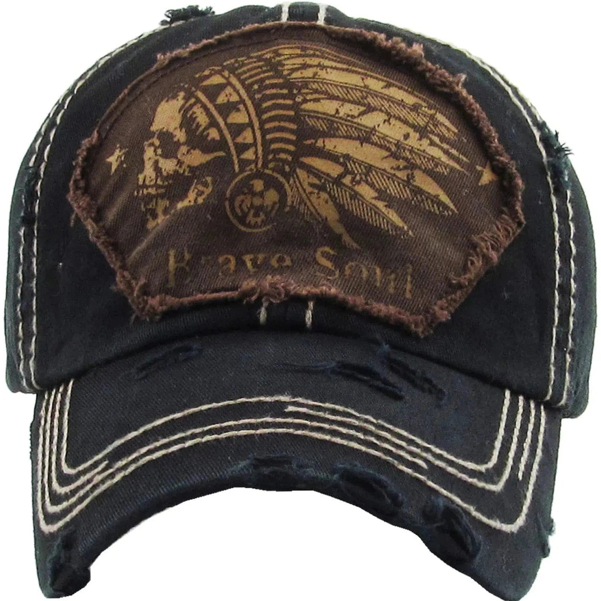 Native American Brave Soul Skull Vintage Distressed Cap Black Hat