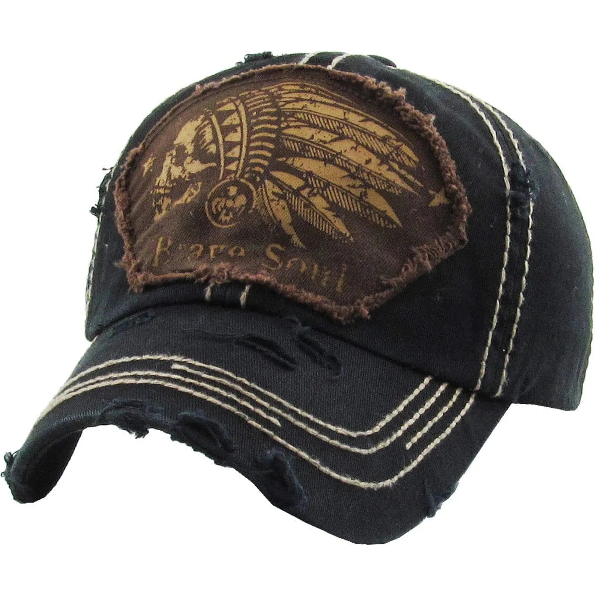 Native American Brave Soul Skull Vintage Distressed Cap Black Hat